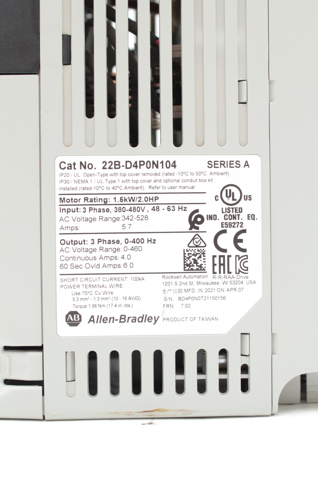 Allen-Bradley 22B-D4P0N104 PowerFlex 40 Variable Frequency AC Drive