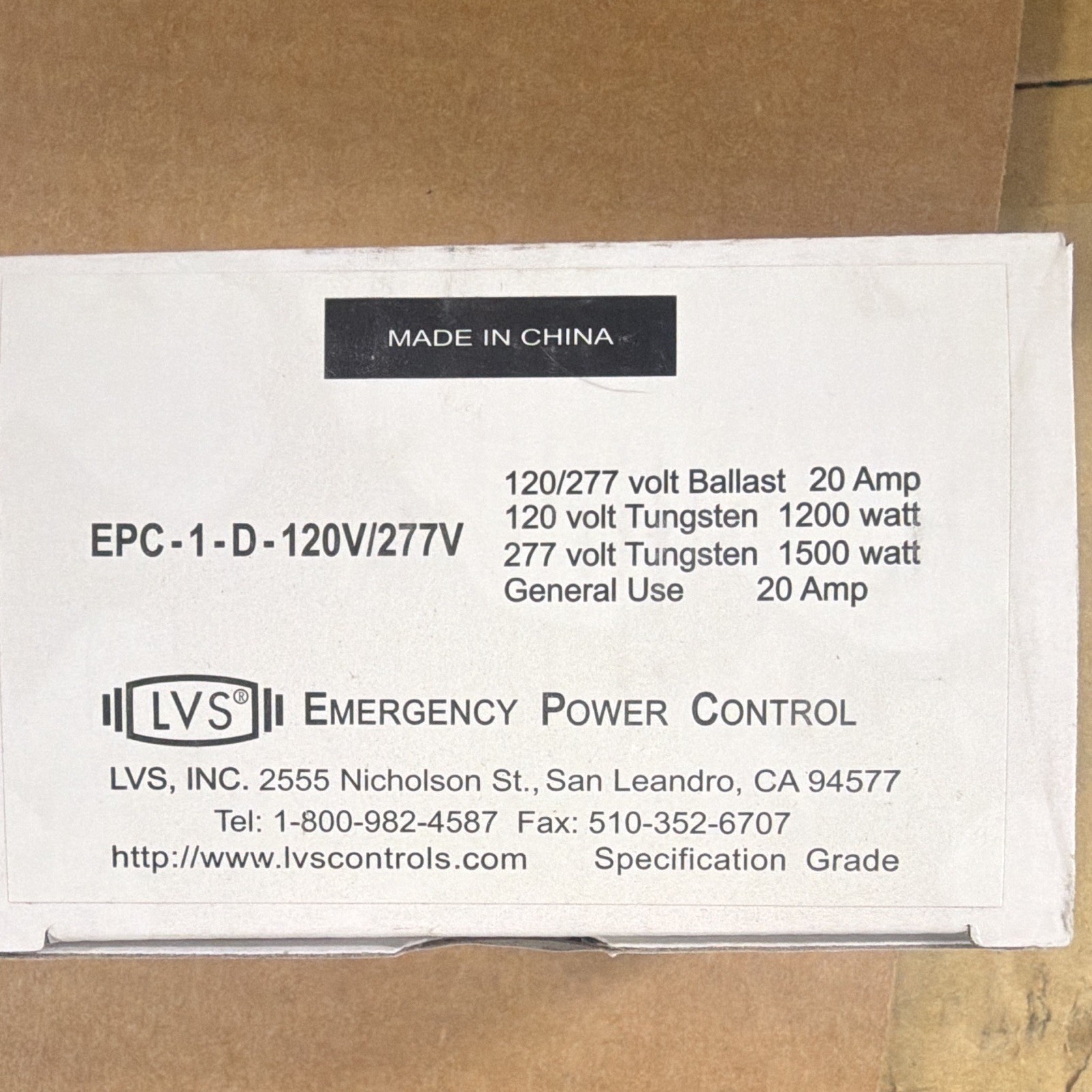 LVS EPC-1-D-120V/277V Emergency Power Control Switch 20A 120/277V White