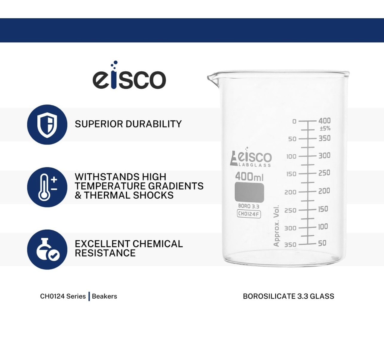 Eisco Labs 1000ml Beakers Low Form Borosilicate Glass 5 Pack New NIB