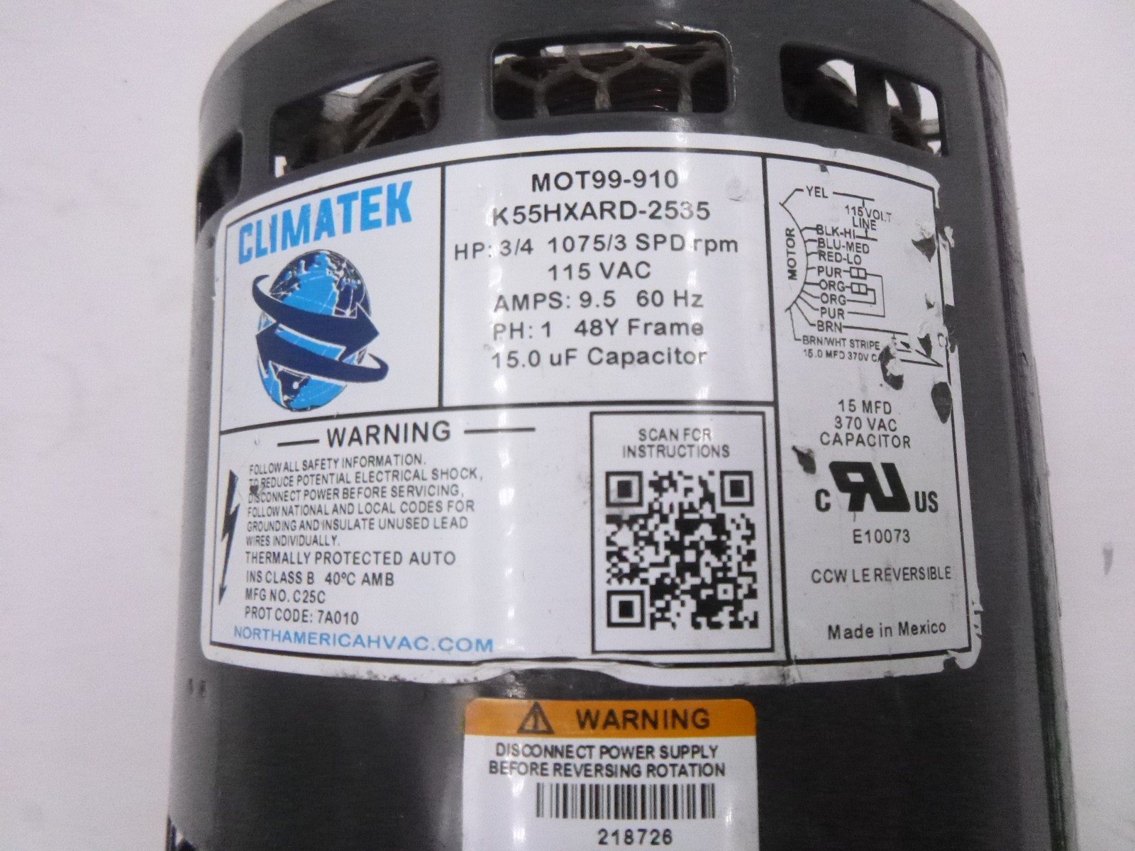 ClimaTek MOT99-910 Furnace Blower Motor 3/4 HP 1075 RPM 115V 3 SPD