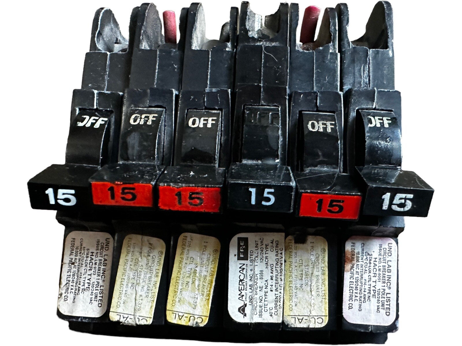 Lot of 6 Federal Pacific FPE NC115 Circuit Breaker 15A 1-Pole Stab-Lok Red Bezel