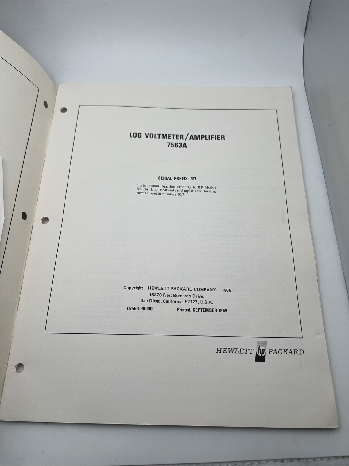 HP 07563-90000 Log Voltmeter/Amplifier 7563A Operating & Service Manual