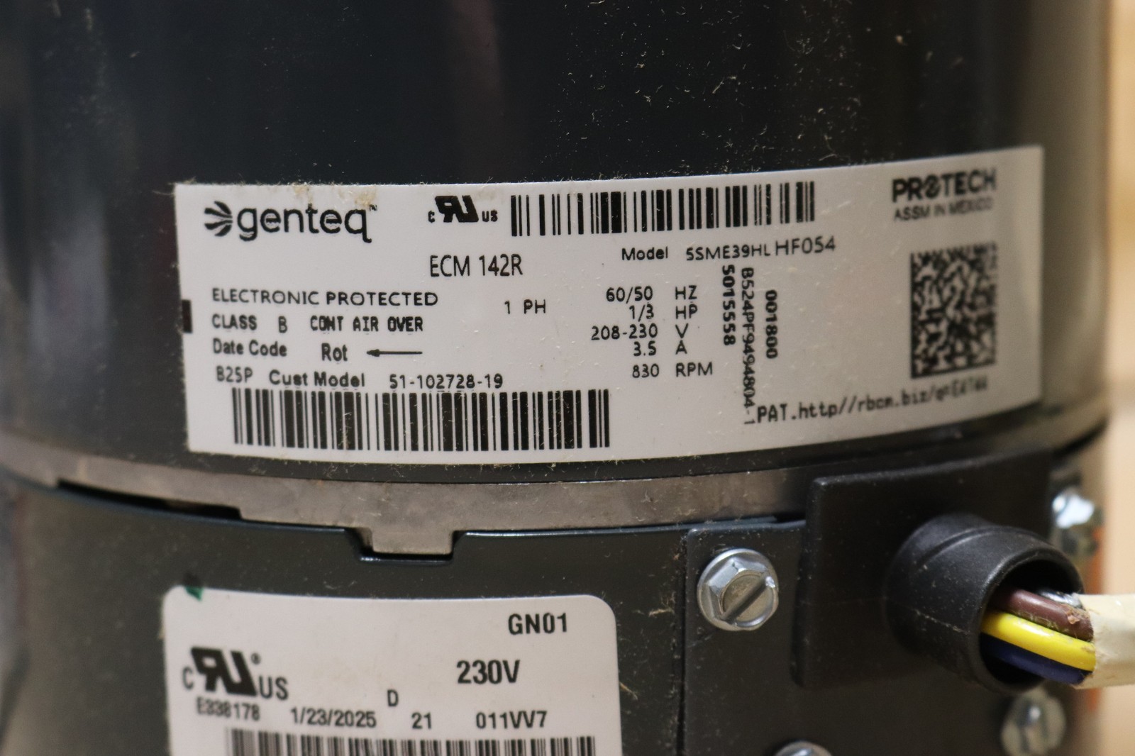 Genteq ECM 142R Rotor 5SME39HLHF054 208-230V 1/3HP 1.6A 1Ph 3.5A 830RPM