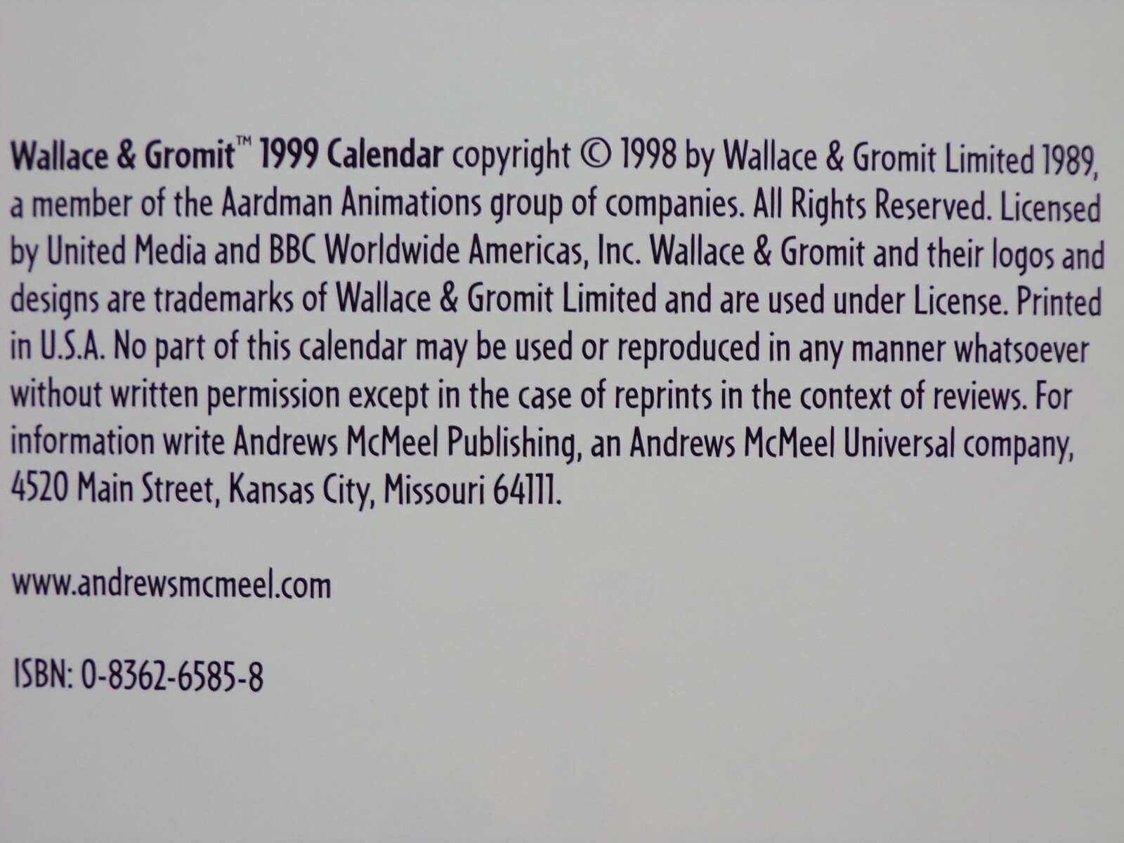 1999 WALLACE AND GROMIT CALENDAR APPOINTMENT BOOK WITH SPIRAL BINDING