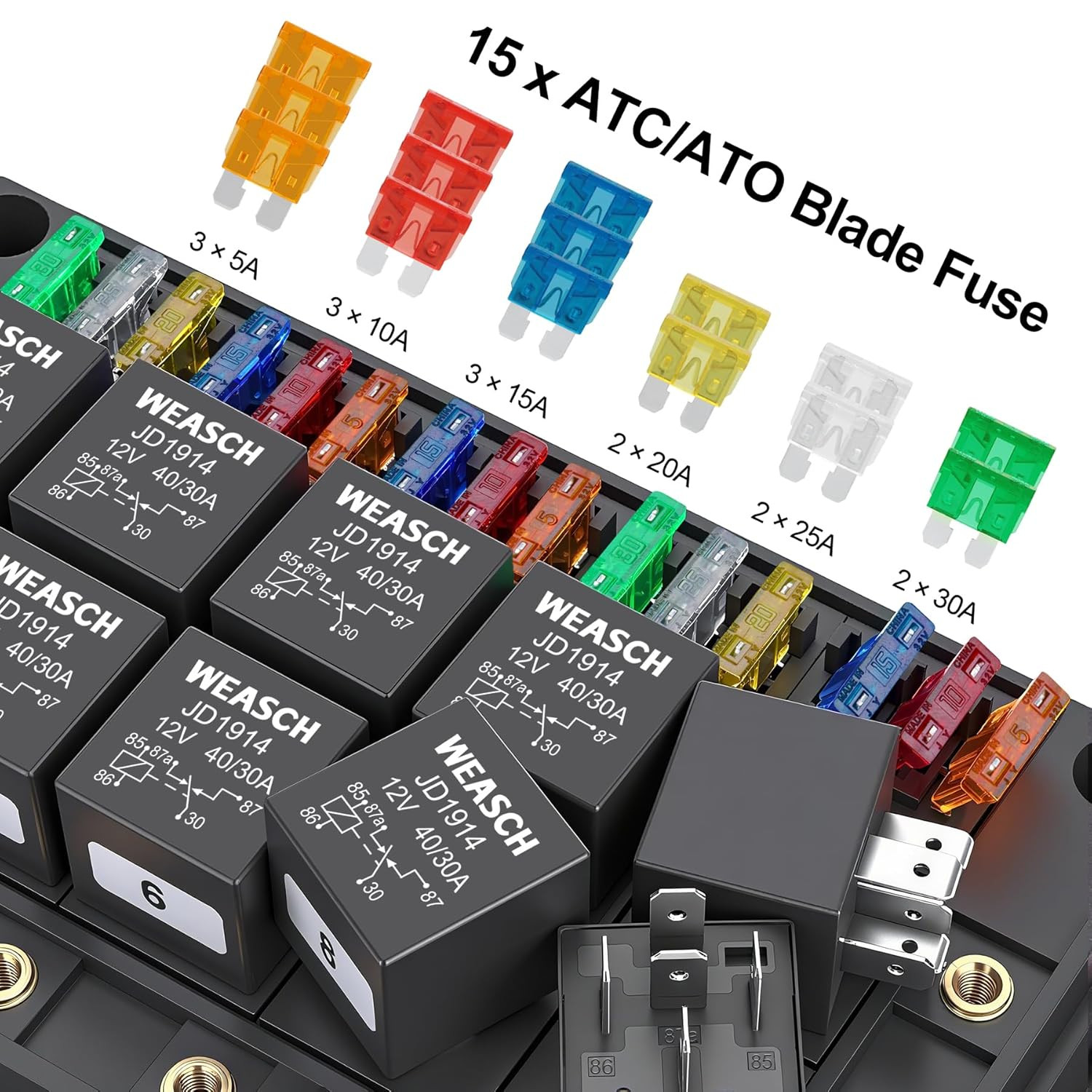 12V Relay Box 15 Way Fuse Relay Box, with Pre-Wired, 10 Relays and 15 ATC/ATO Bl