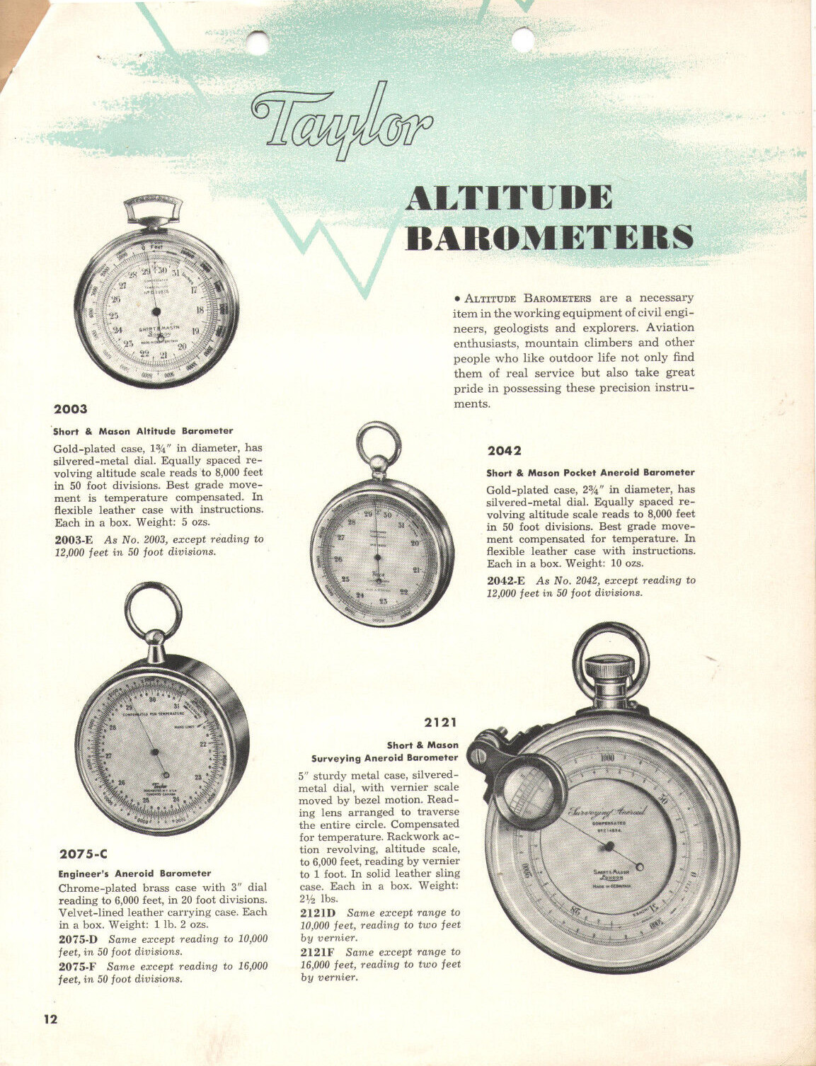 VTG 1953 WALLACE & TIERNAN/TAYLOR ALTIMETER BROCHURES/PRICES! FA-181/185 & MORE!