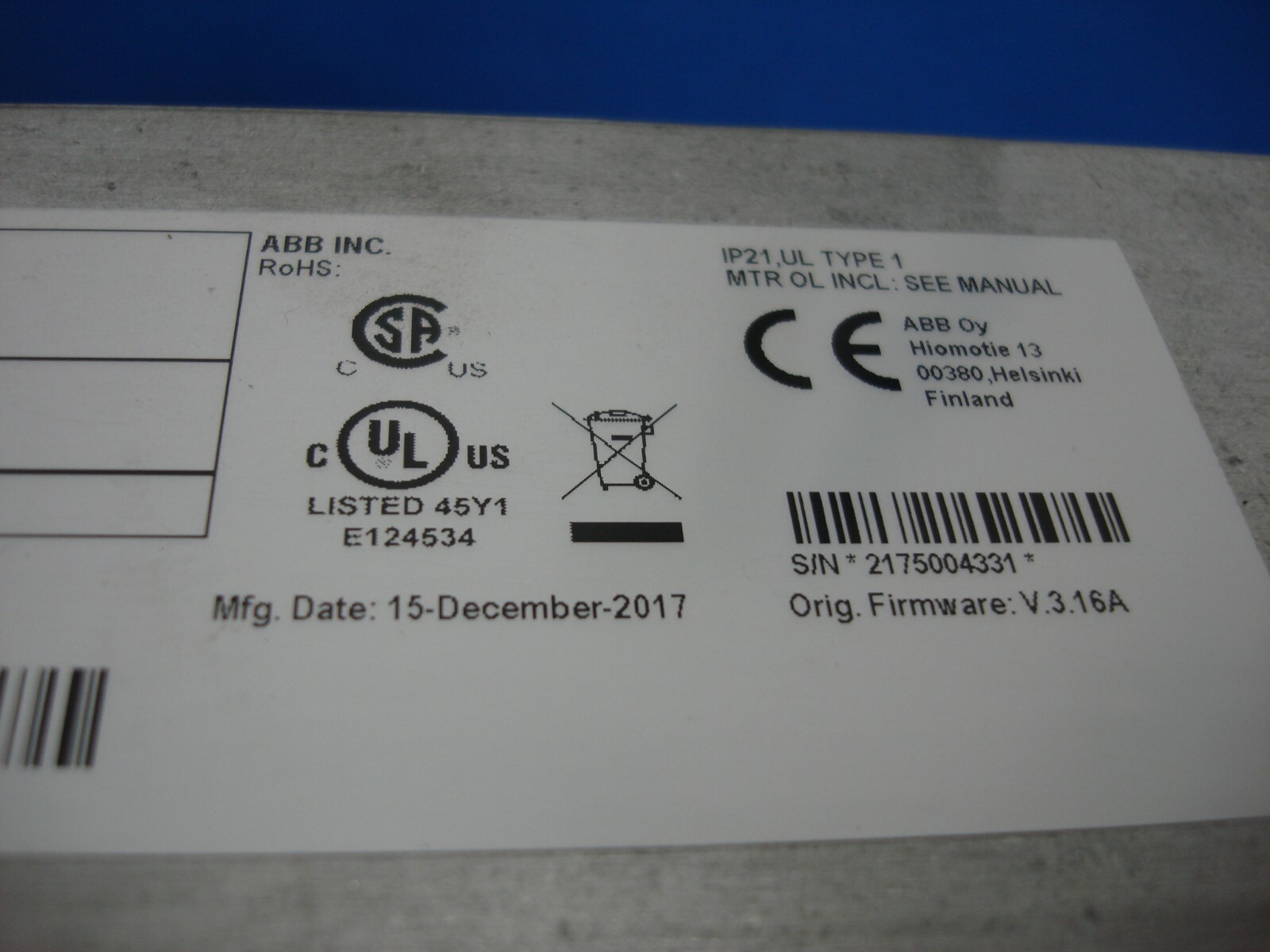 ABB HK30WA012 ACH550-CARUH-023A-4+N2006 VARIABLE FREQUENCY DRIVE