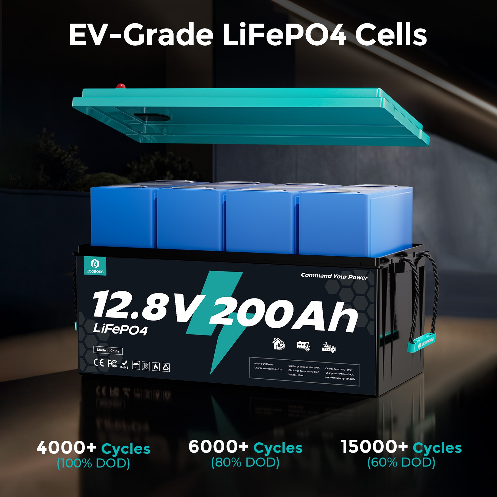 12V 200Ah LiFePO4 Battery Deep Cycles 2560Wh 200A BMS for RV Solar Home Boat