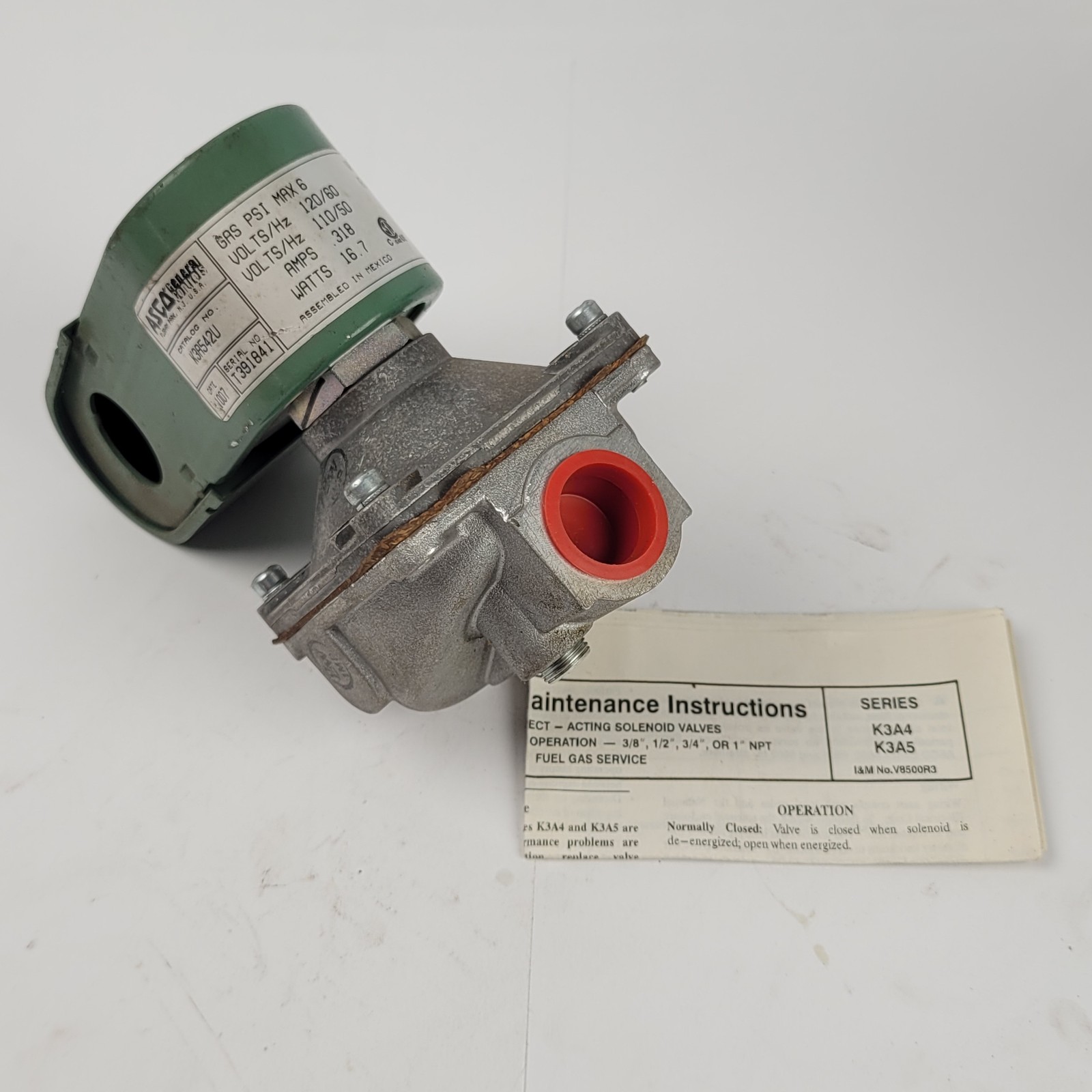 ASCO K3A542U Solenoid Gas Valve, 2 Way, 1/2″ NPT, 120V, 6 PSI Max – NEW