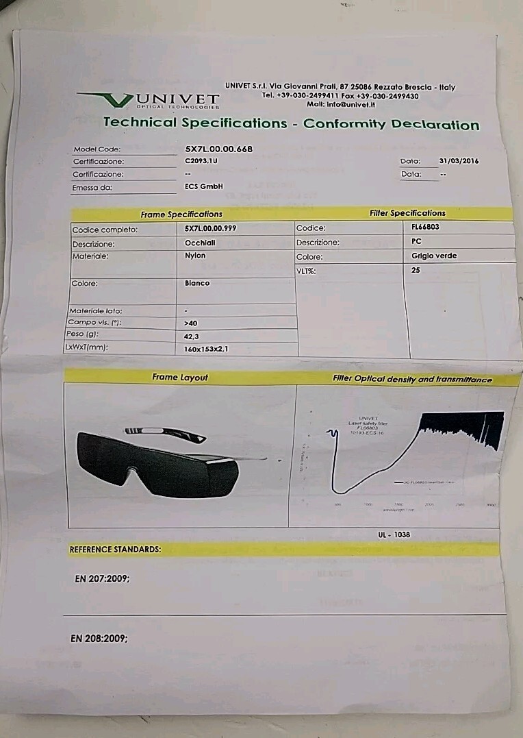 UNIVET 5X7 Laser Safety Glasses Overspec 5X7L.00.00.668 Made in Italy NIB READ