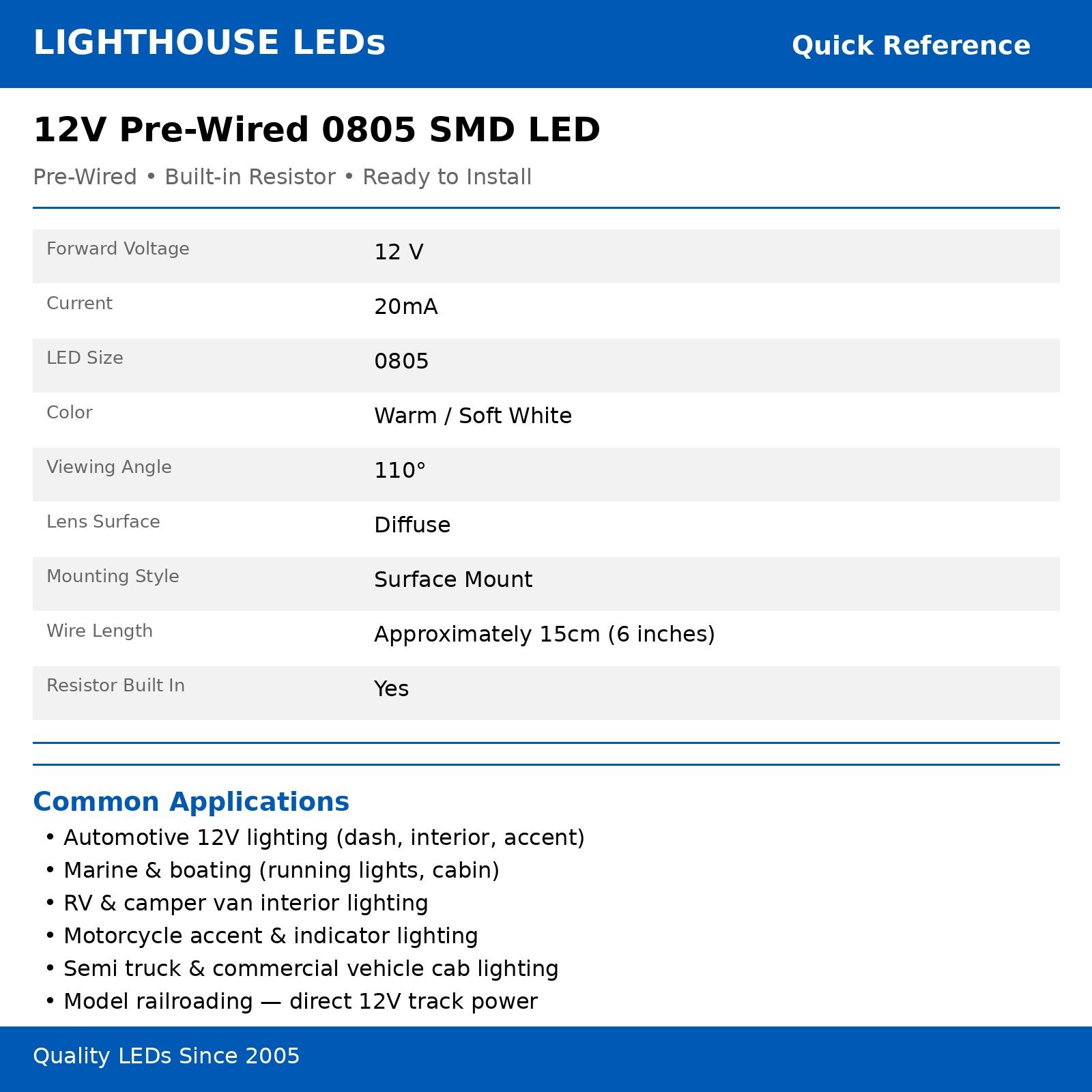 20 x 12v 0805 2012 Warm Soft White Micro SMD LED Pre-Wired Light Soldered Leads