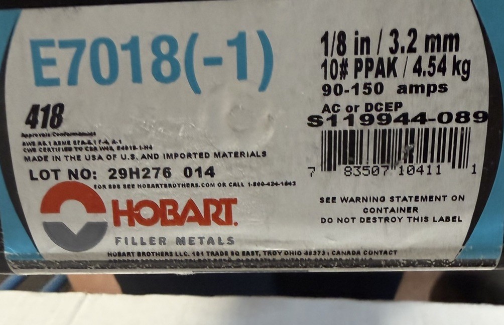 HOBART 418 E7018-1 CARBON STEEL ELECTRODE 10 LBS, 1/8″ X 3.2mm, 4.54KG 90-150AMP