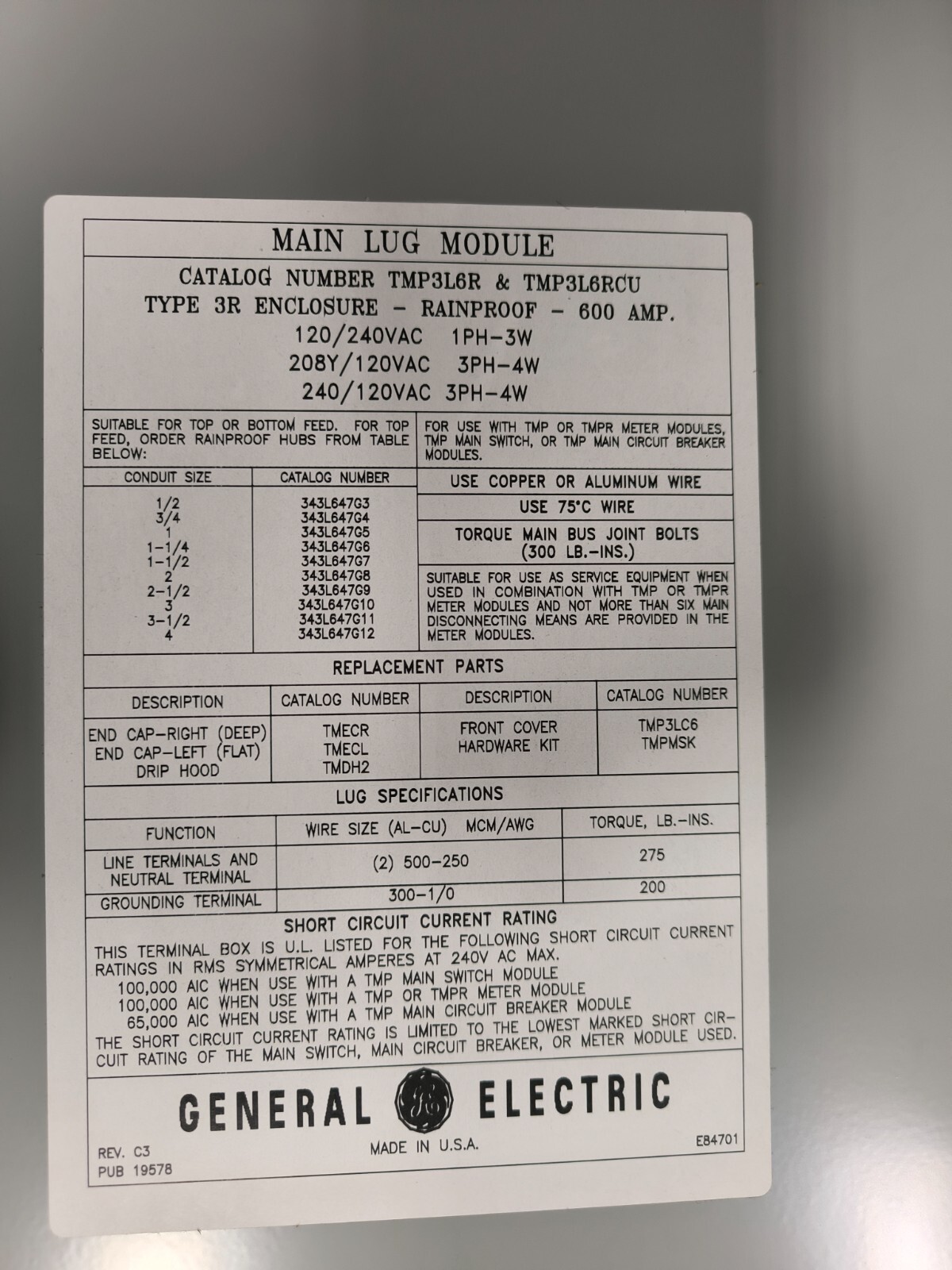 GE General Electric TMP3L6R Meter Mod III 600 Amp 208Y/120 VAC 3 Phase 4 Wire 3R