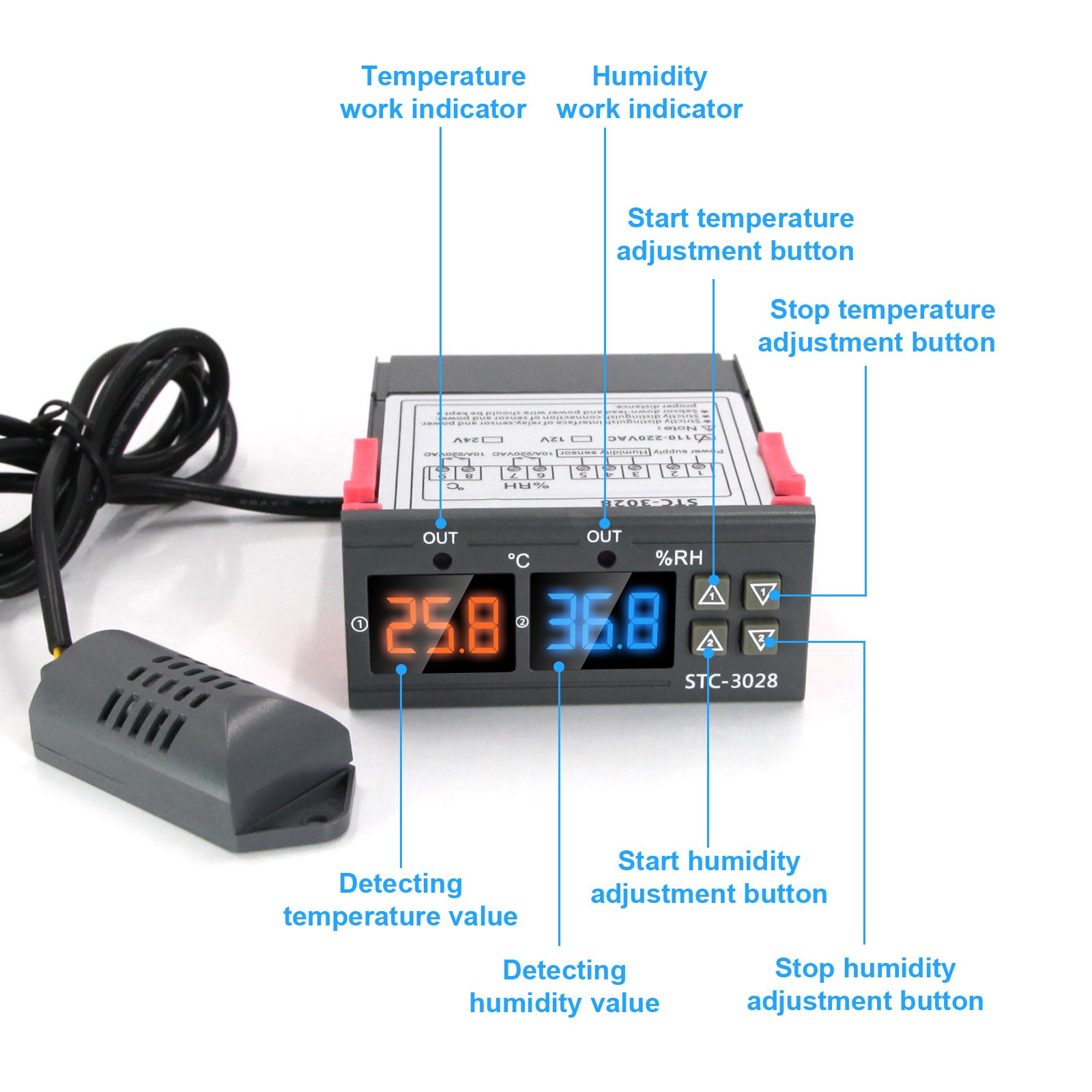 STC-3028 Dual LCD Digital Thermostat Temperature Humidity Controller AC110-220V