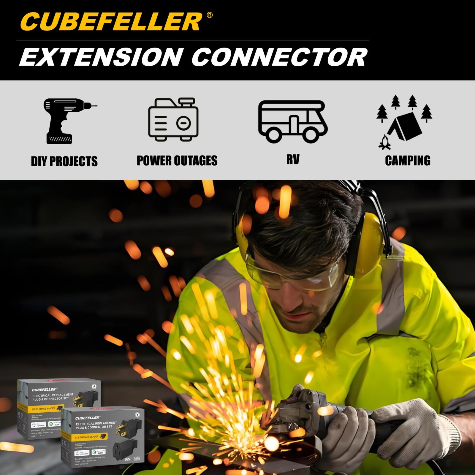 CUBEFELLER® Extension Cord Ends Male Kit, Replacement Plug, 15Amp, black