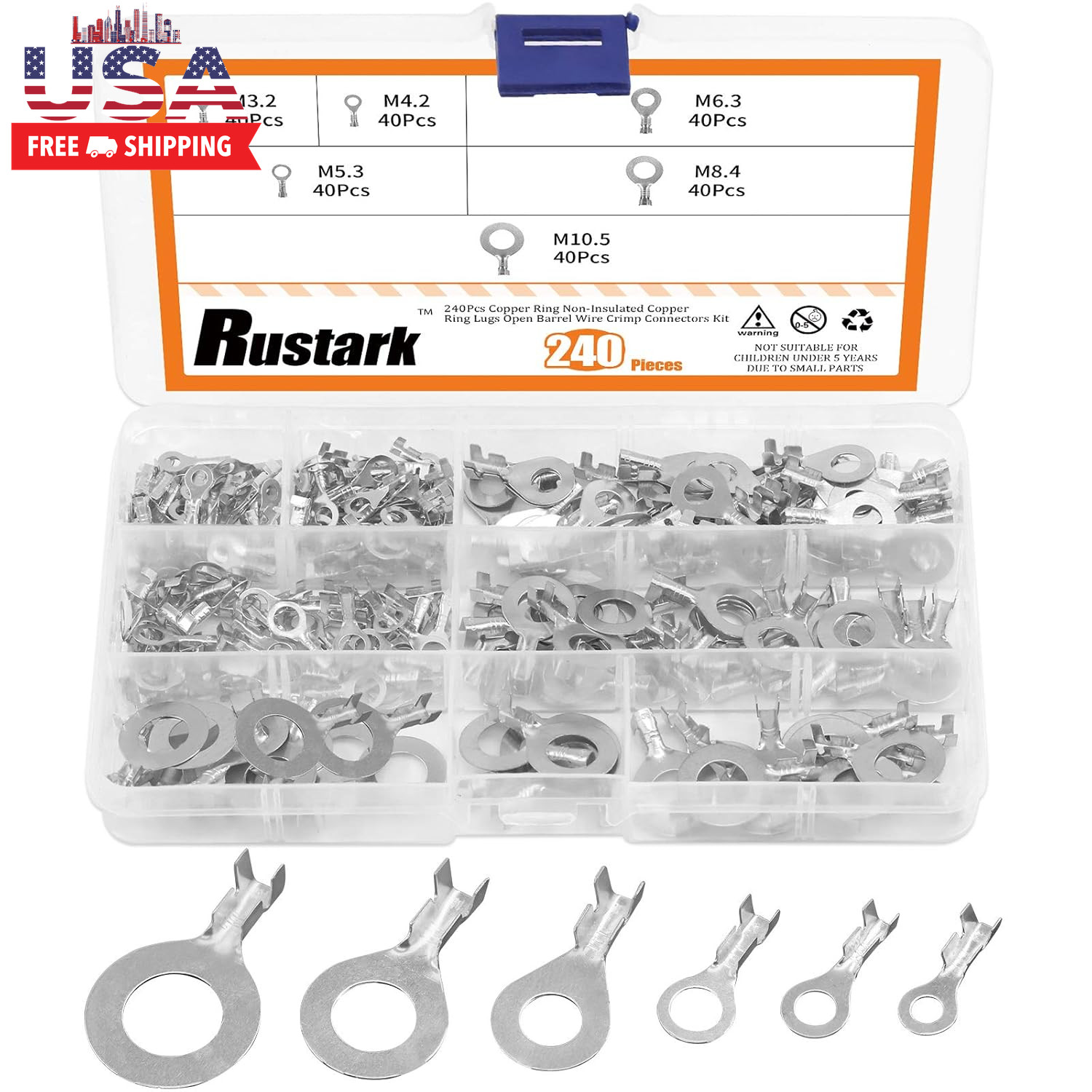 6 Sizes 240 Pcs Non-Insulated Ring Crimp Terminals Connector Assortment Set, O-T