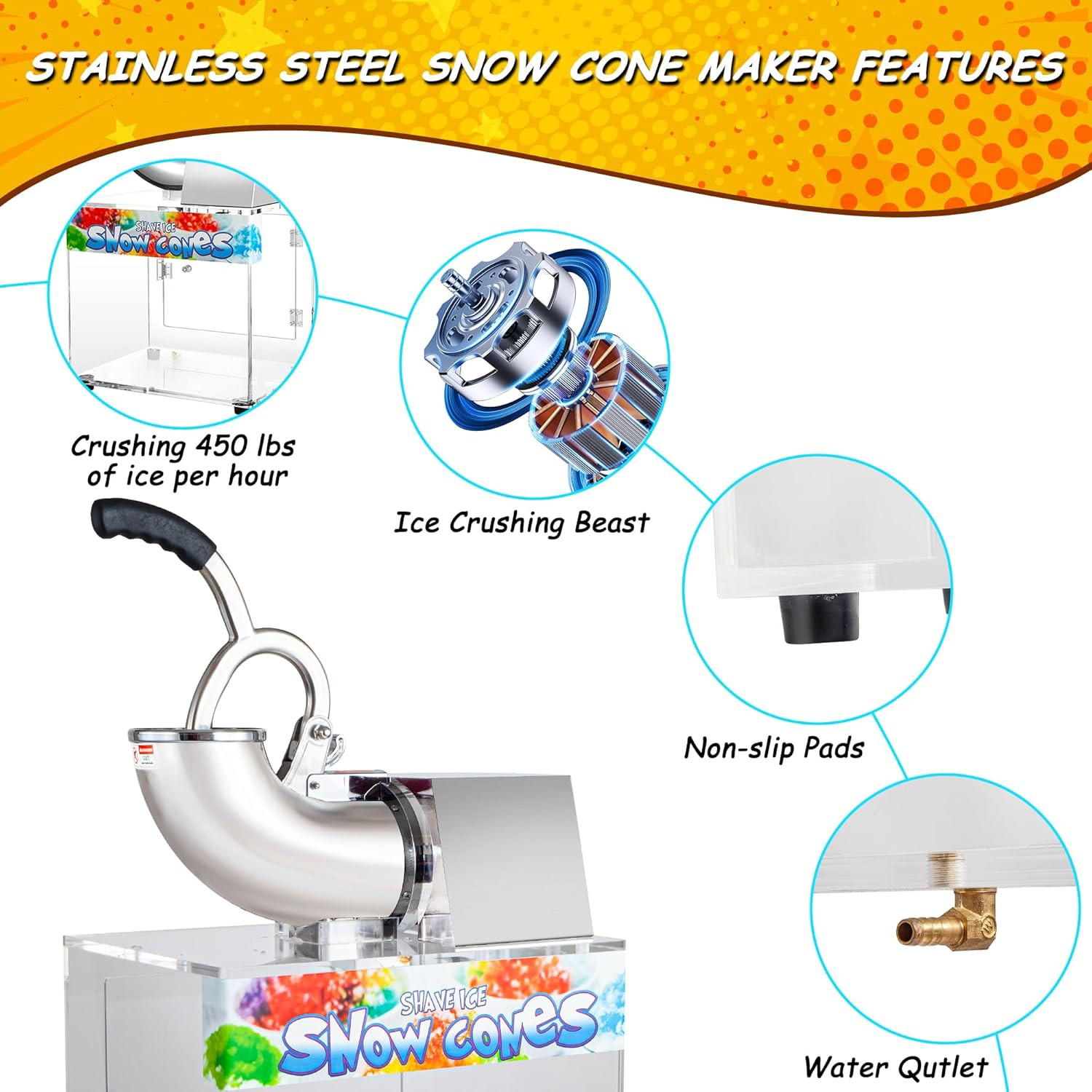 48L Snow Cone Machine, 500LB/H Commercial Shaved Ice Machine, 300W Electric Ice