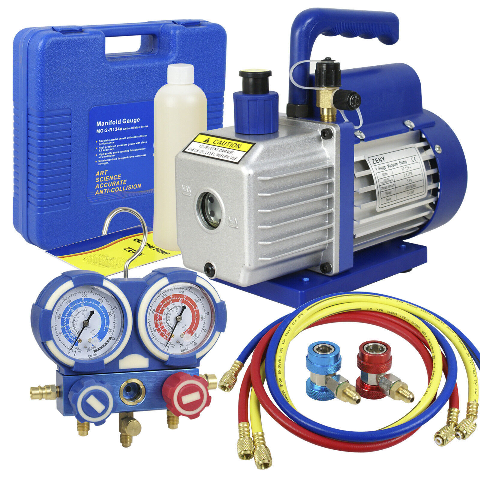 Air Vacuum Pump HVAC AC Air Tool 3,5CFM 1/4hp + Manifold Gauge Set R134a Kit