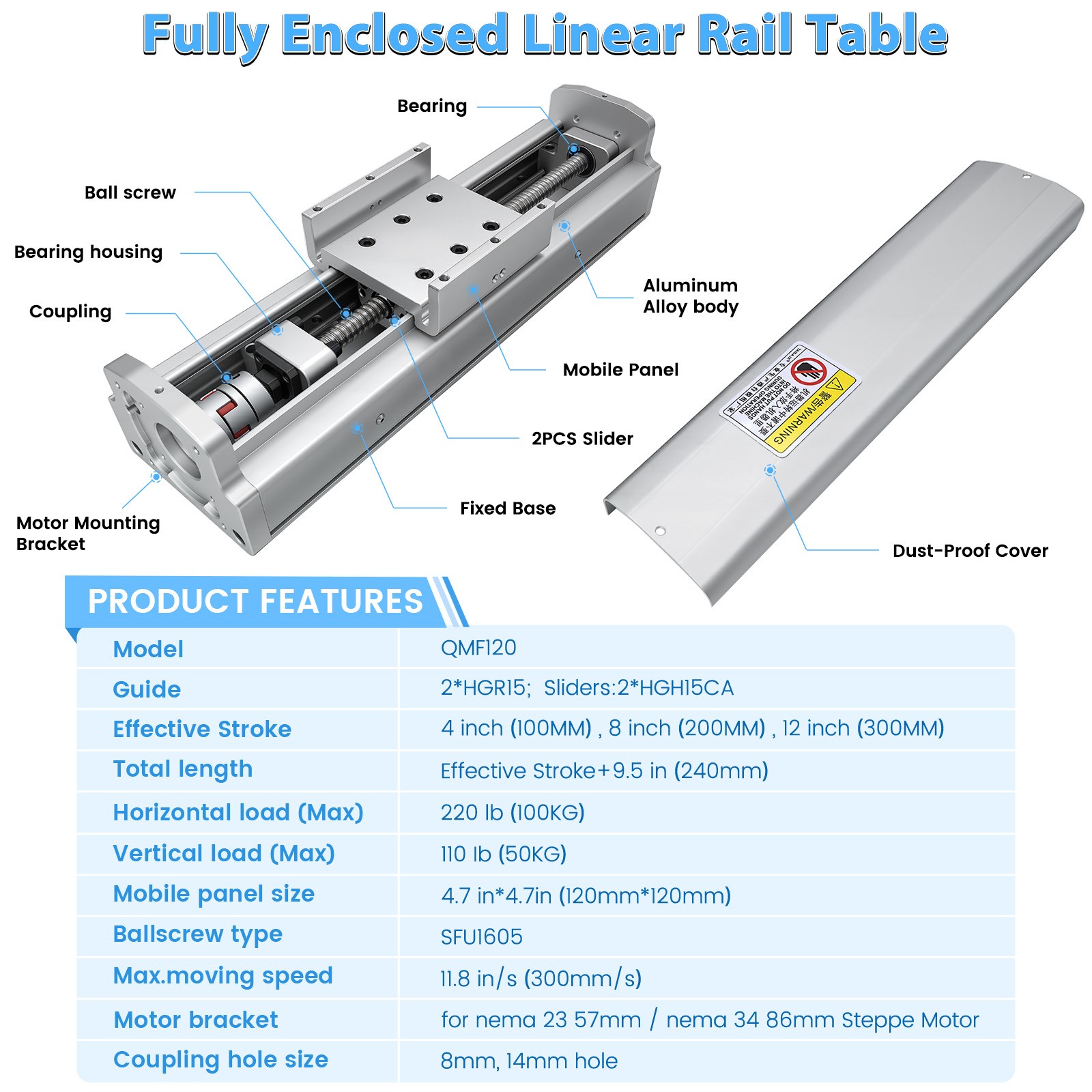 Heavy Duty Fully Sealed Ball Screw Slide Table 100-220lb CNC Linear Module Stage