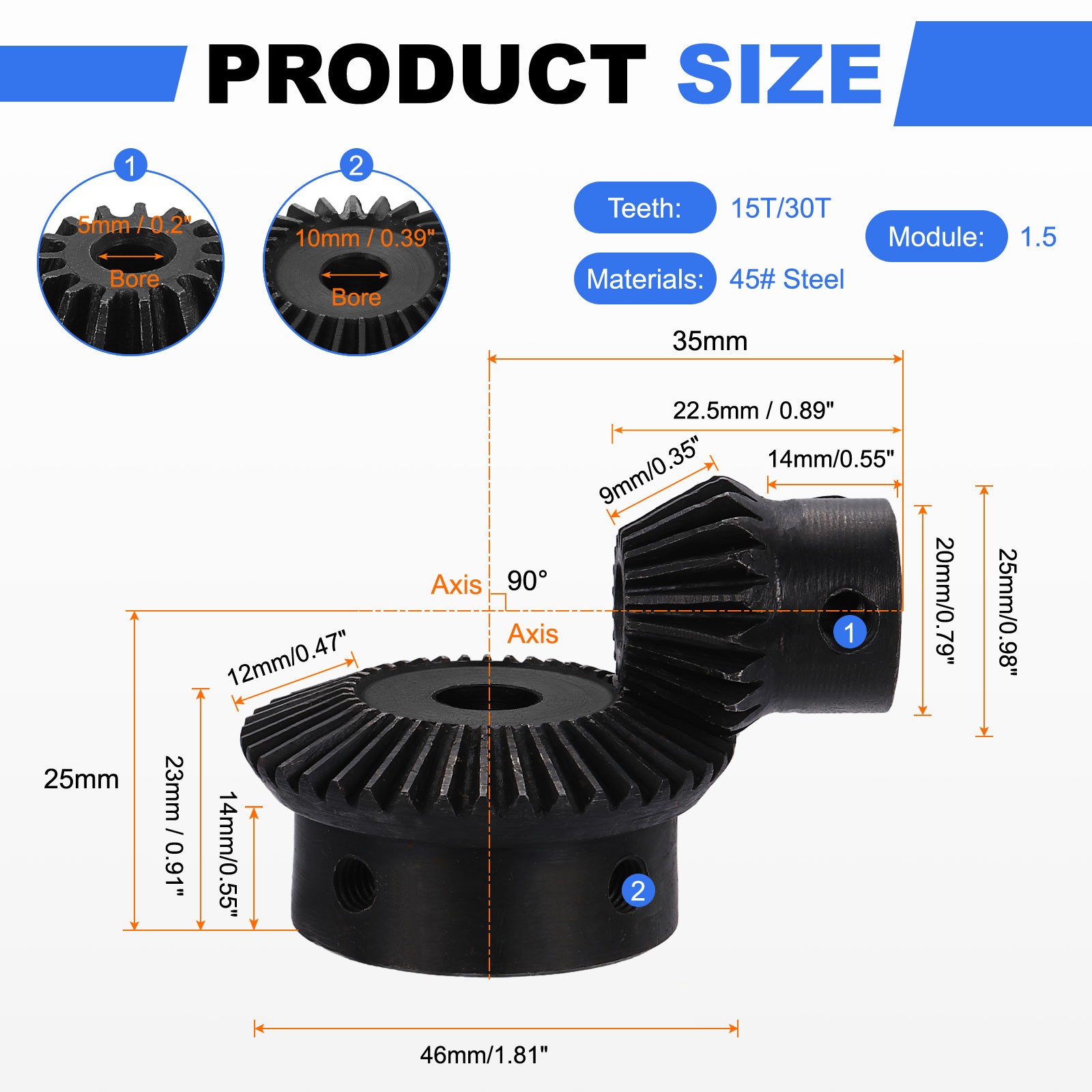 2Pcs Tapered Bevel Gear Set, 1.5 m 1:2 (15T/30T) Bevel Gear(5/10mm Shaft Hole)