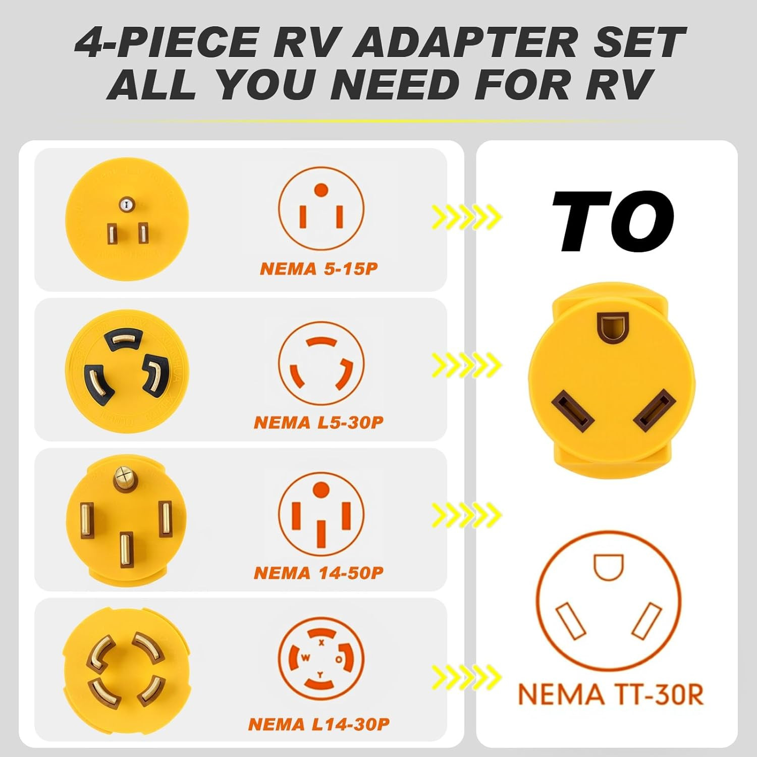 4 Pcs RV Generator Adapter Kit, NEMA 14-50P/5-15P/L14-30P/L5-30P to NEMA TT-30R,