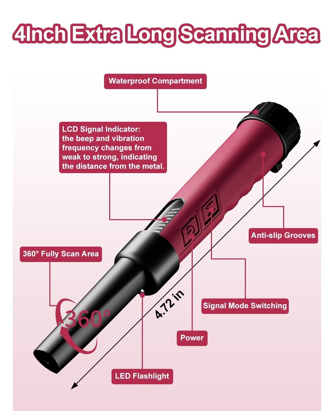 OKESAM Metal Detector Pinpointer for Adults, IP68 Fully Waterproof Rose Red