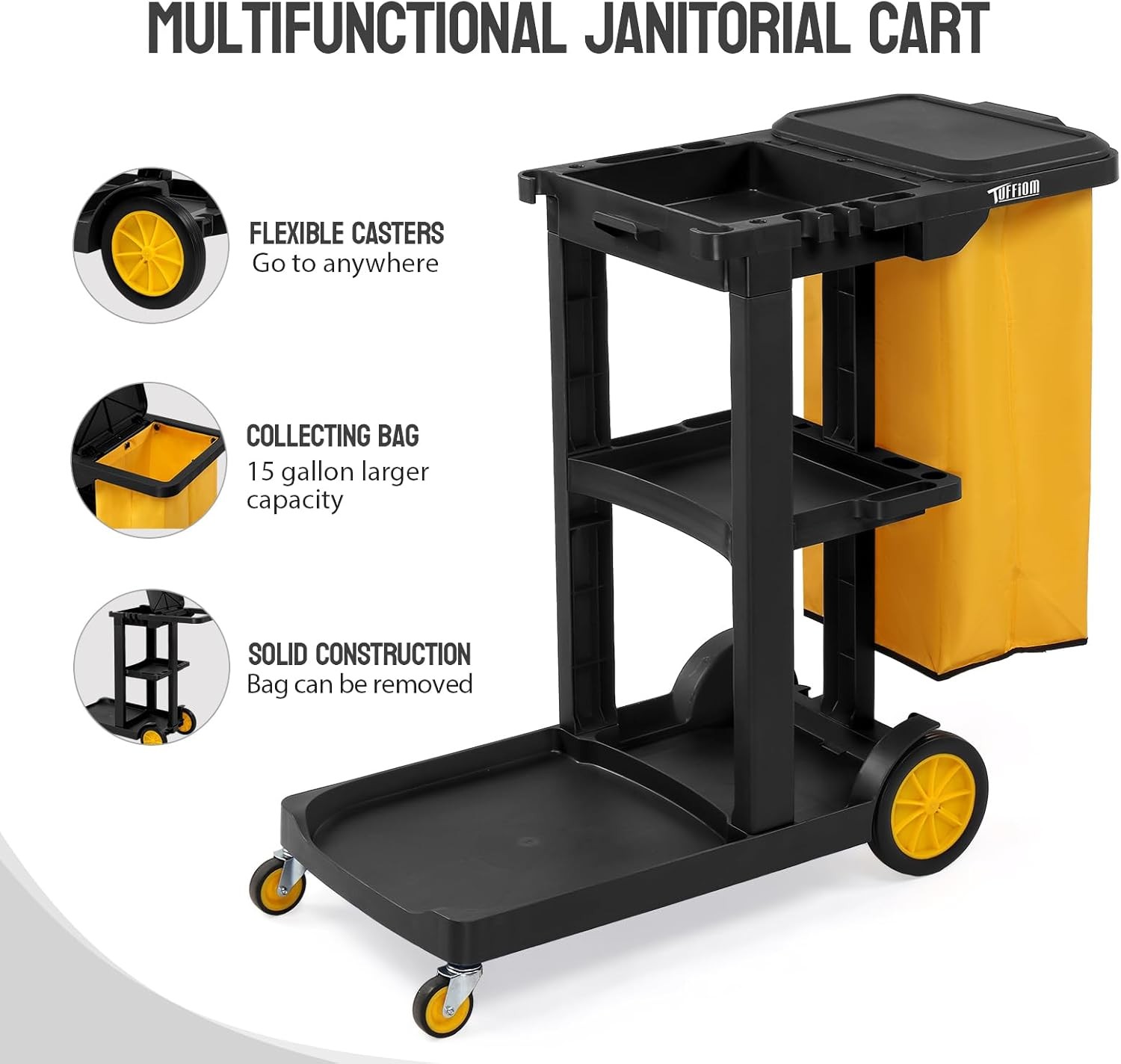 Traditional Cleaning 3-Shelf Janitorial Cart, 500 Lbs Capacity Housekeeping Cart