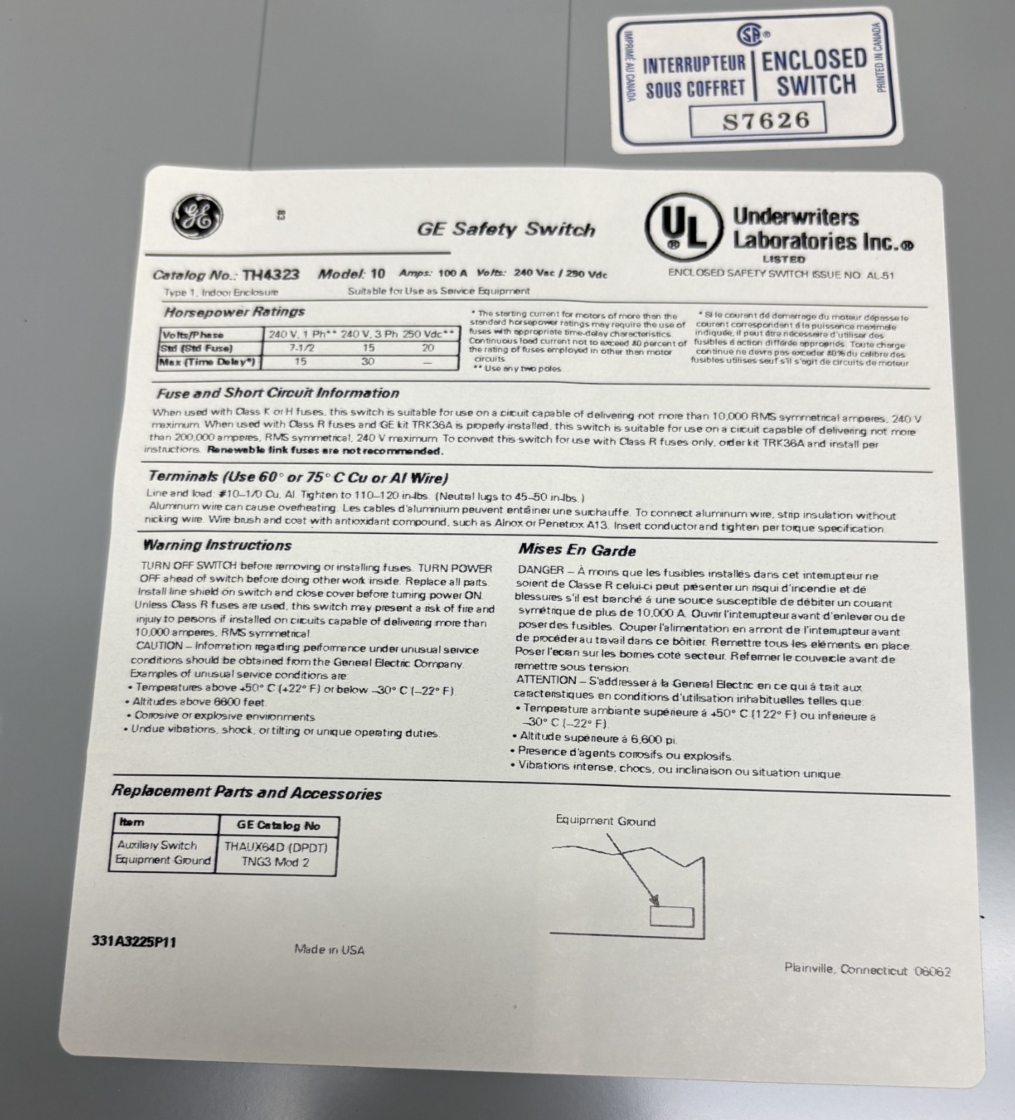 GE TH4323 Fusible Safety Switch Disconnect Model 10 100A 3-Pole 240V