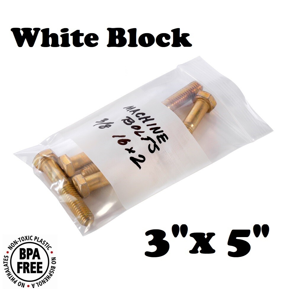 3″ x 5″ White Block Zip Seal Bags Reclosable Top Lock 2Mil or 4Mil Heavy Duty