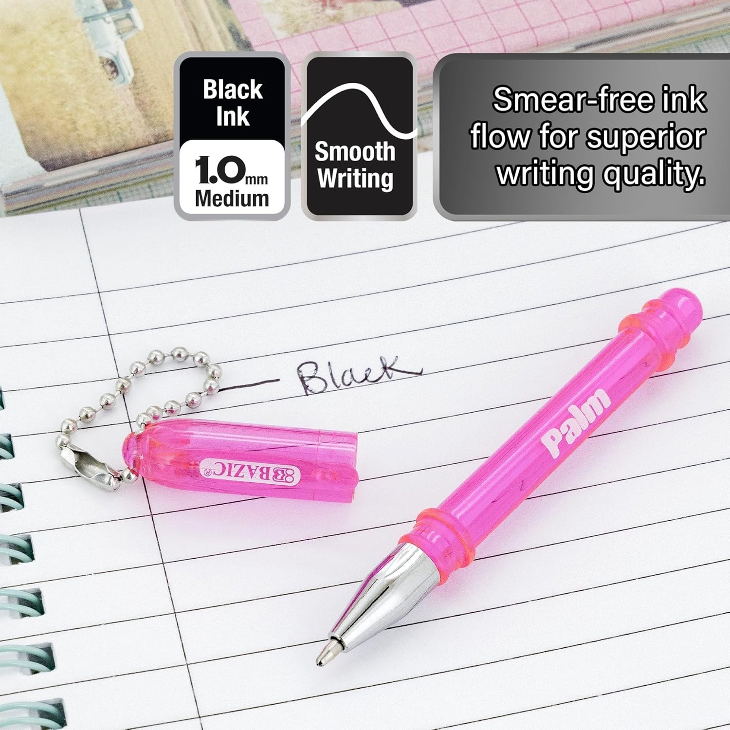BAZIC Palm Mini Ballpoint Pen w/Key Ring, Roller Pens Medium Point 1.0mm, Small