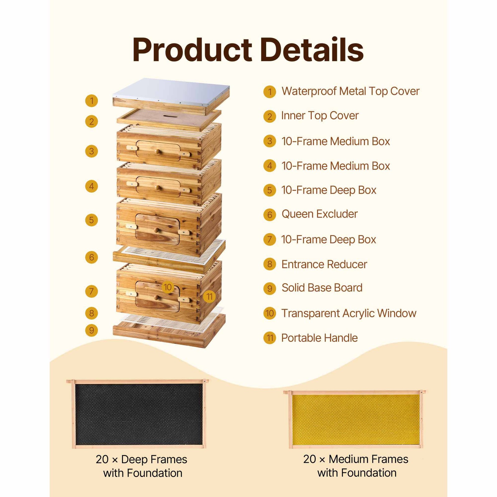 VEVOR Bee Hive Langstroth Kit 20 Deep & 20 Medium Frames with Acrylic Windows