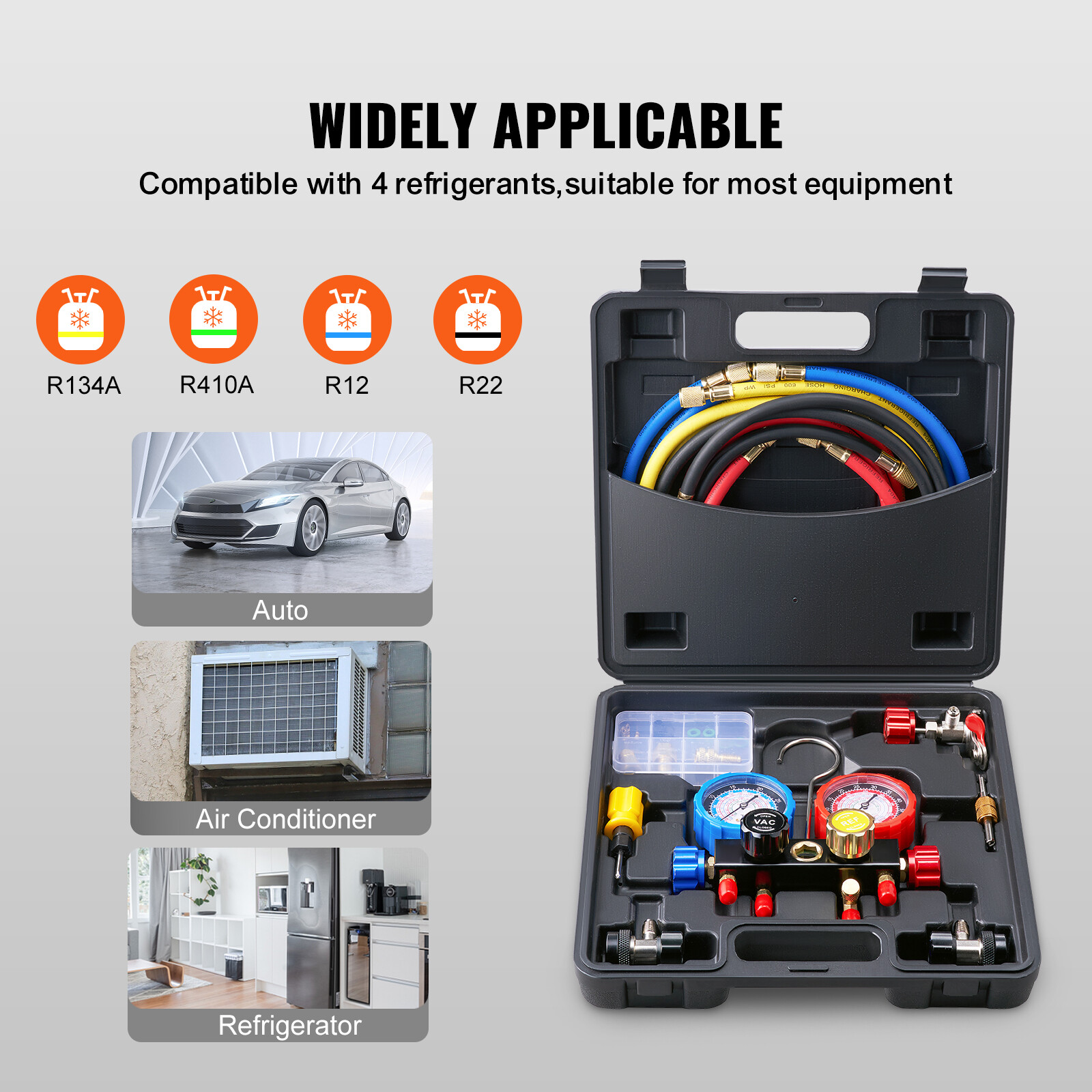 VEVOR AC Manifold Gauge Set 4-Way Fit R134A R12 R410A Refrigeration Charging