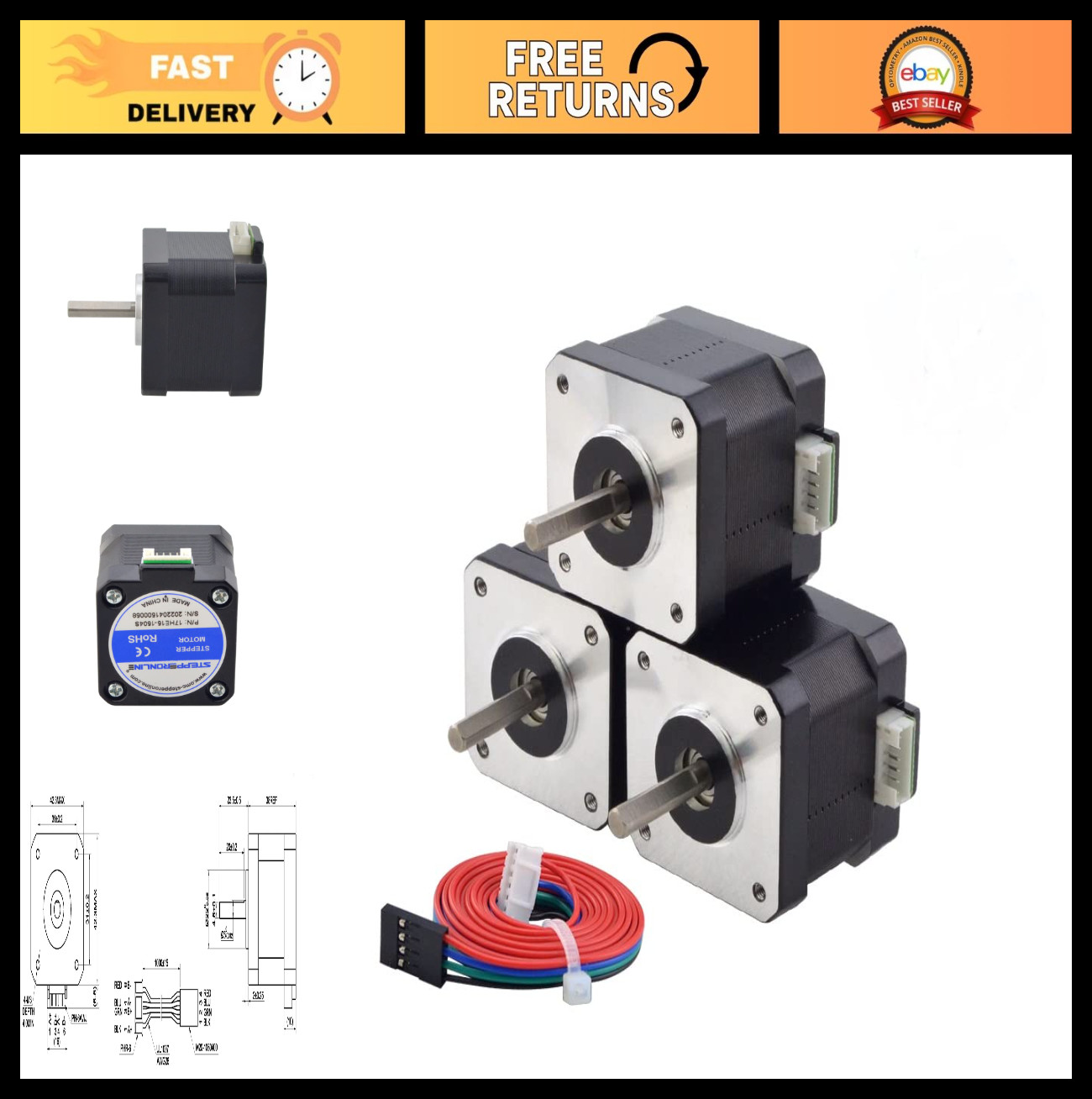 Bipolar Nema 17 Stepper Motor 1.5A 42Ncm 1.8° 4 Wires with 1m Cable – 3 Pack