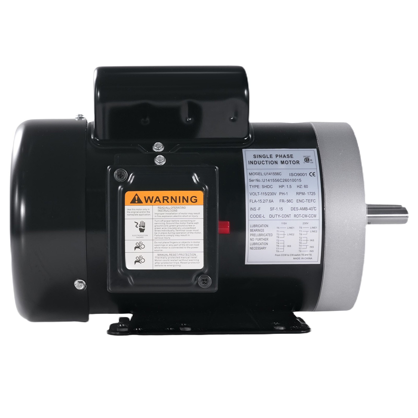 1.5HP Electric Motor 1725RPM AC115V/230V 56 Frame 1-Phase 5/8″ Keyed Shaft