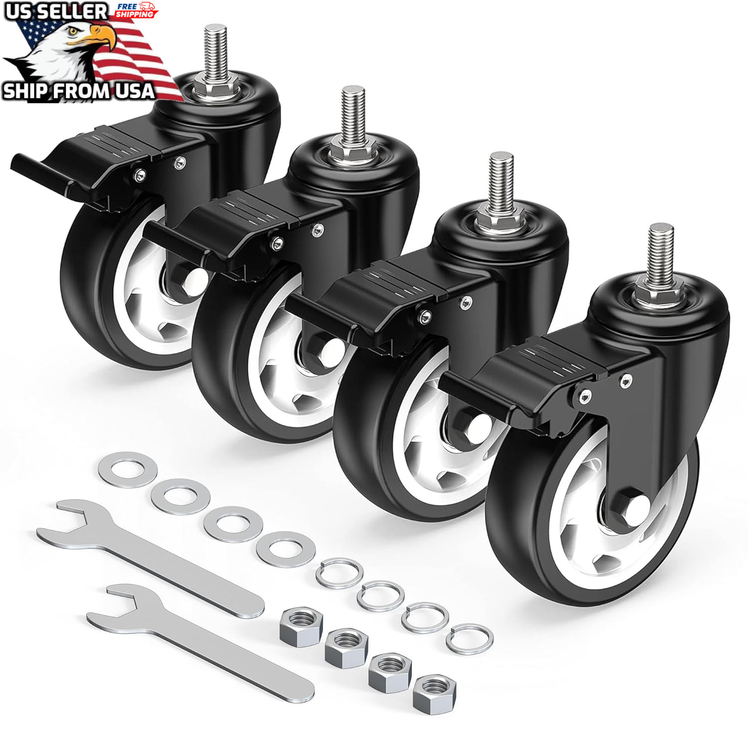 4pcs 2/3/4inch Swivel Threaded Stem Casters wheel 3/8″-16×1 W Brake tot 300lbs