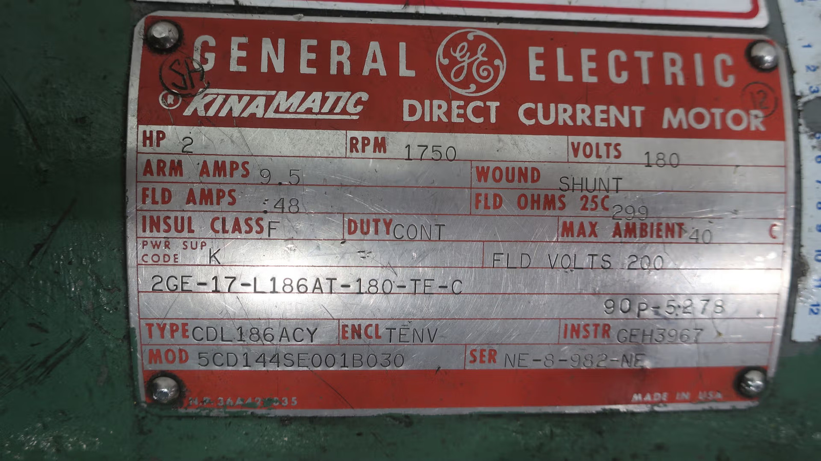 Ge 5CD144SE001B030 Kinamatic Dc Motor Cdl186acy 2hp 1750rpm 180v-dc