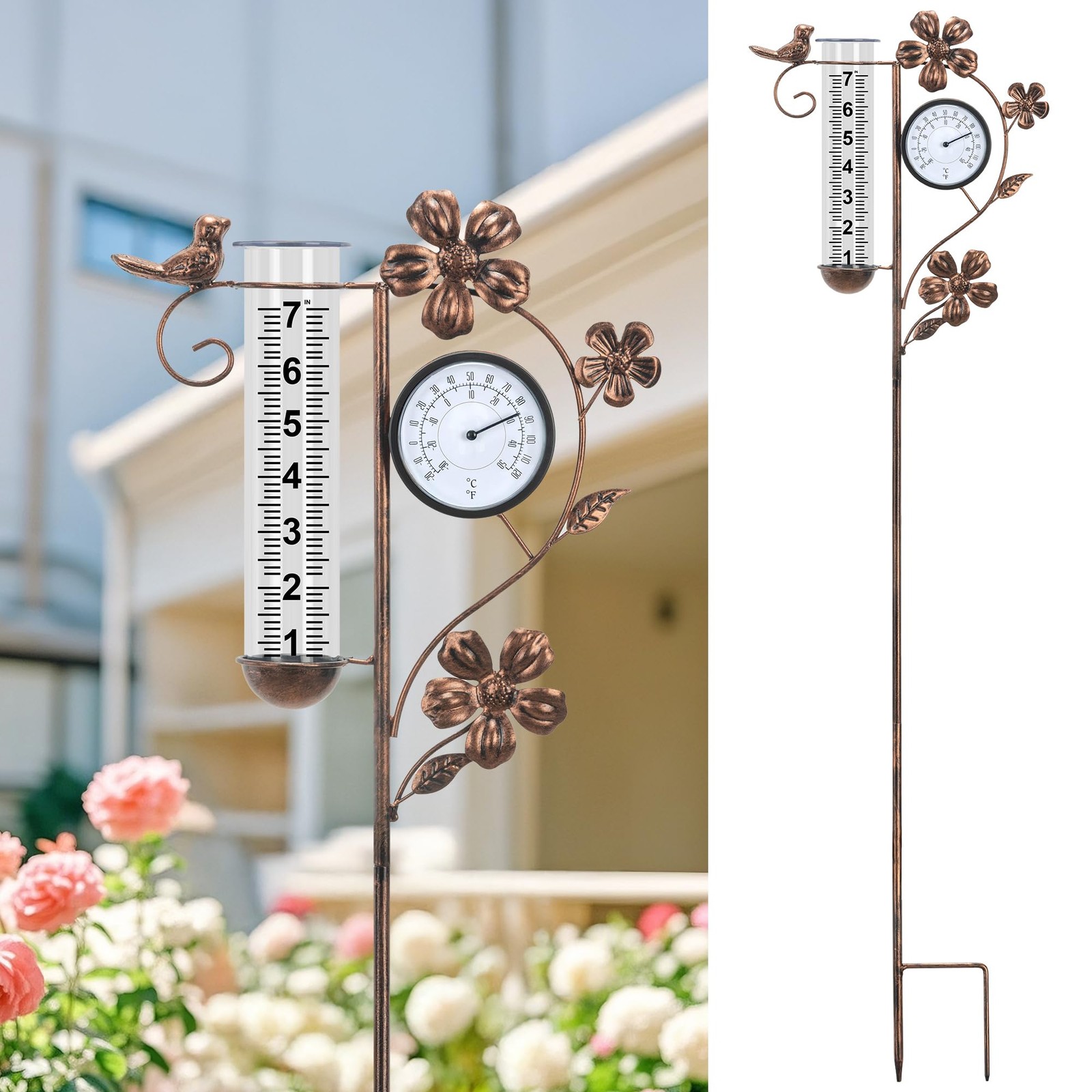 Rain Gauge Outdoor with Thermometer Garden Decor, Bird Decorative Outdoor Rai…