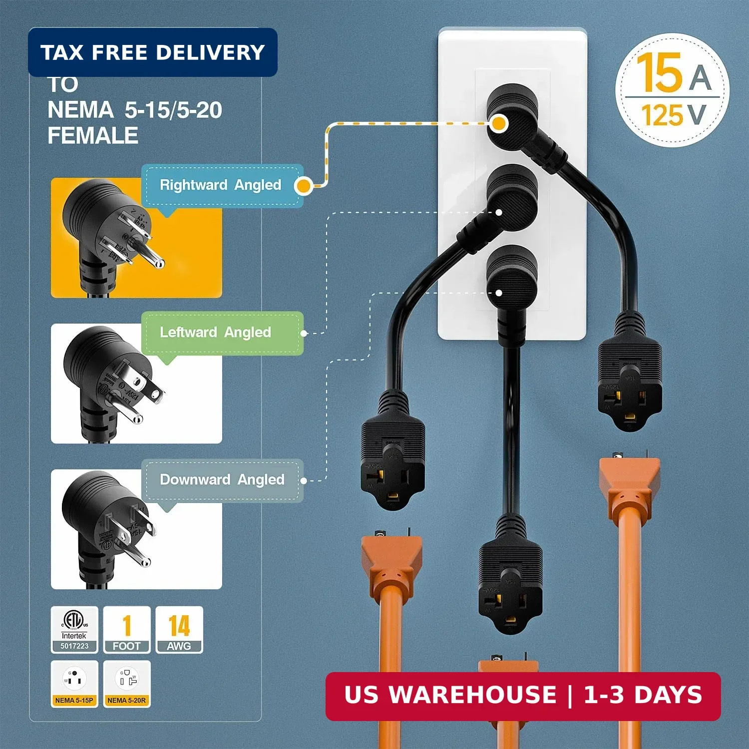 1-Foot Right Angle15 Amp Household AC Plug to 20 Amp T Blade Adapter Cable，14AWG