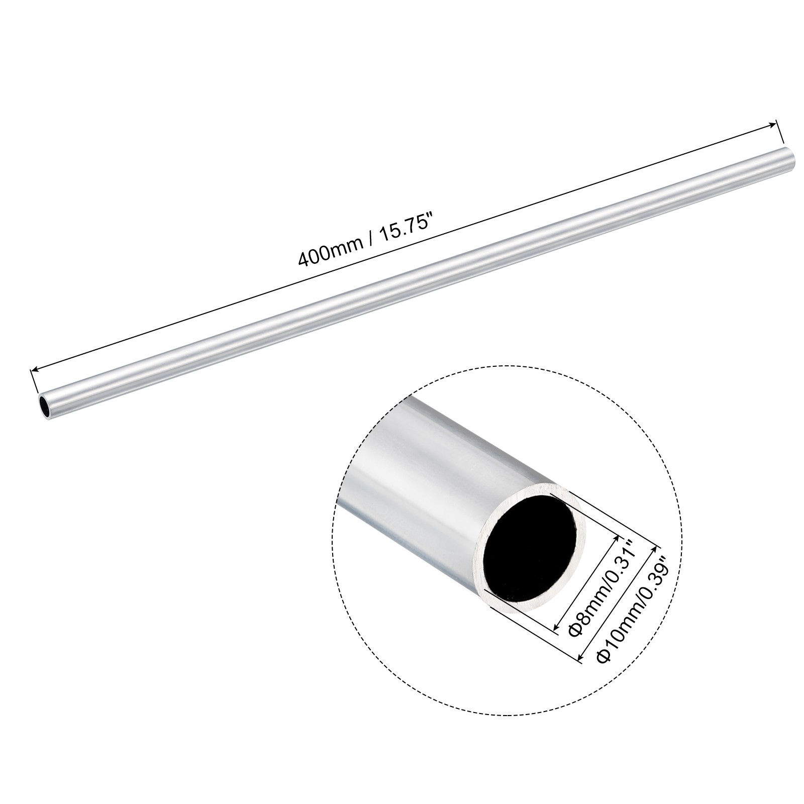 10mm OD 8mm Inner Dia 400mm Length 6063 Aluminum Round Tube for Industry DIY