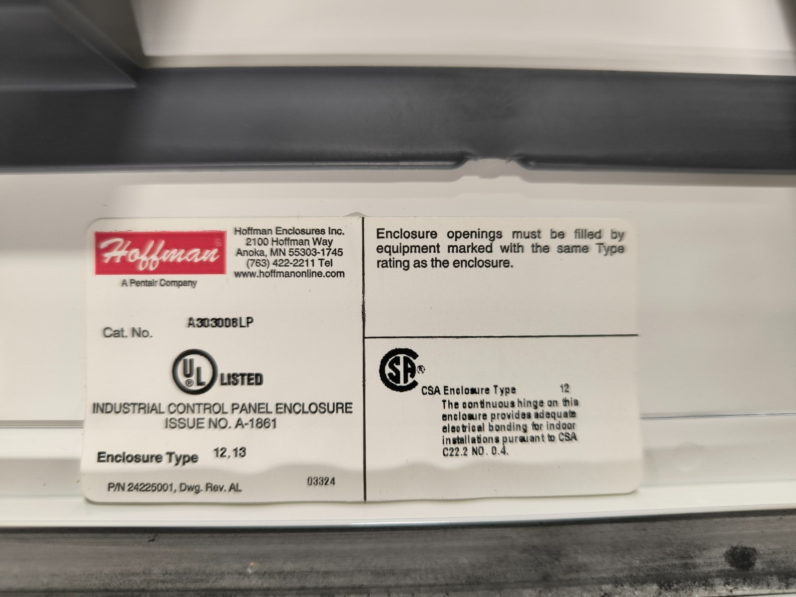 Hoffman A303008LP Industrial Control Panel Enclosure Type 12 13 Rainproof 30″