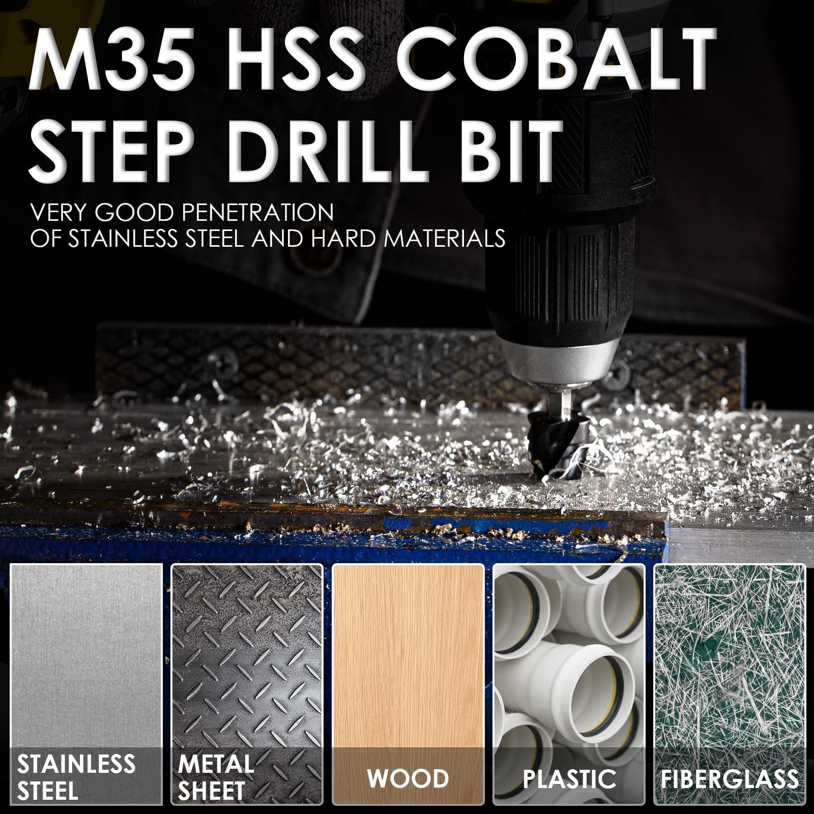 M35 Cobalt Step Drill Bit 1/8-1/2 TiAlN 1/4 Hex 4 Flute