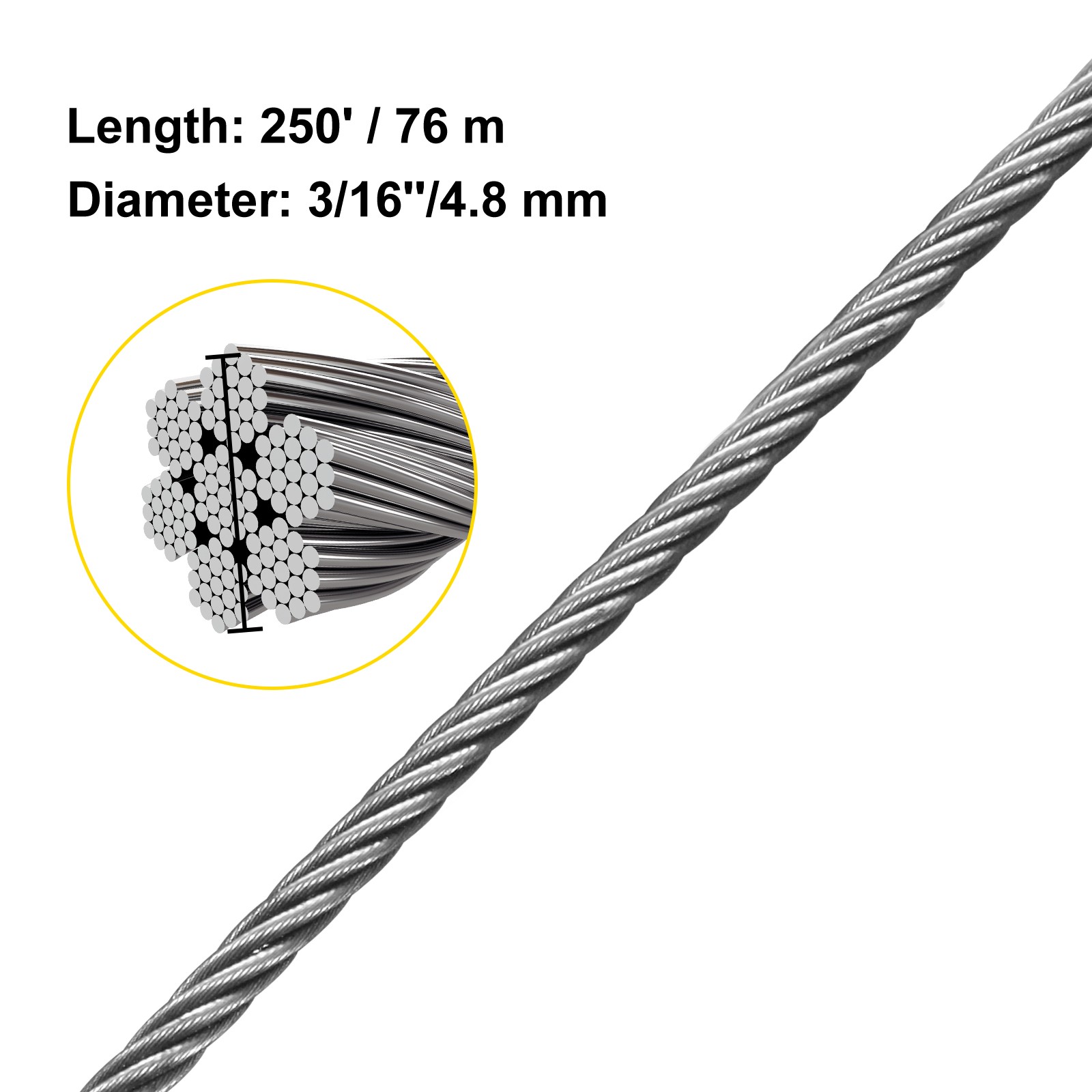 VEVOR T304 3/16″ Stainless Steel Cable Wire Rope 7×19 250FT Railing Kit