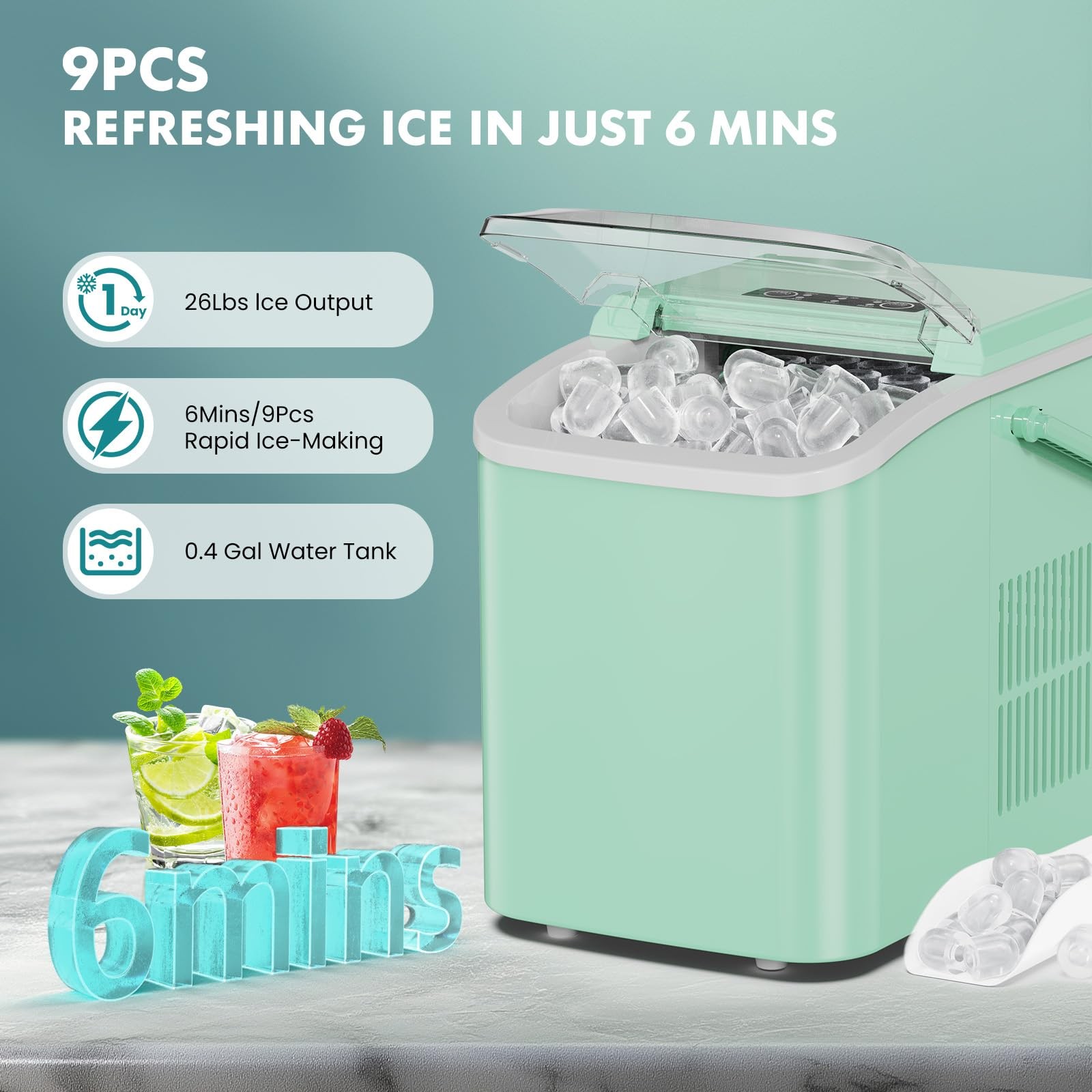 OLIXIS Ice Maker Machine with Handle,26lbs in 24 Hours,9 Cubes in 6 Mins,Auto…