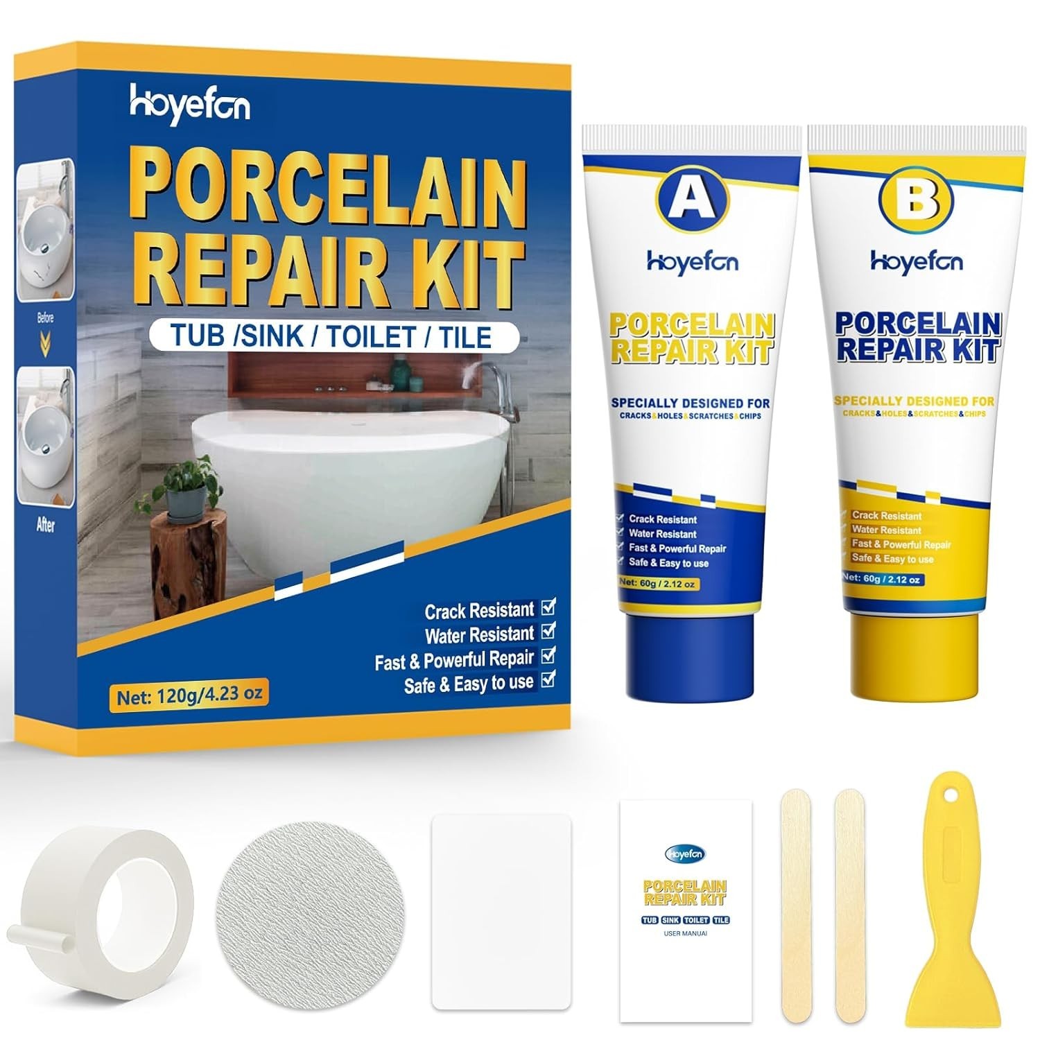 Porcelain Repair Kit White, Tub Sink Tile Crack Chip Fix Kit for Ceramic