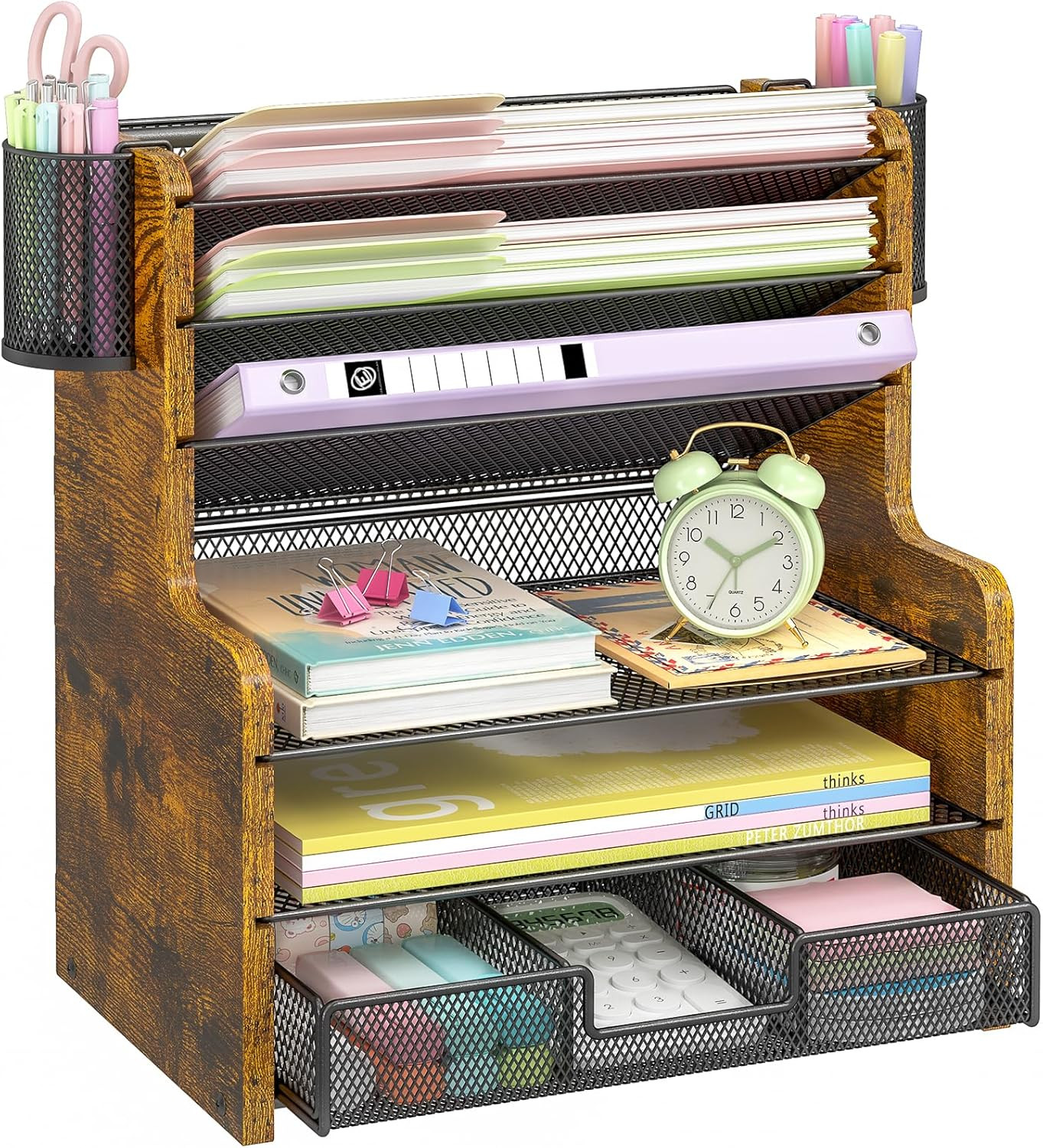 6-Tier Mesh Desk Organizer with Drawer, Wooden Office Organizer for Papers, Fold