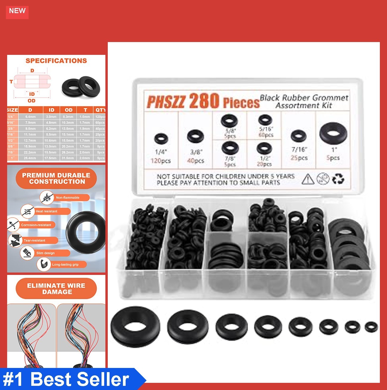 Rubber Grommets Kit 280 Piece Assortment for Wiring Cable Automotive Sheet Metal