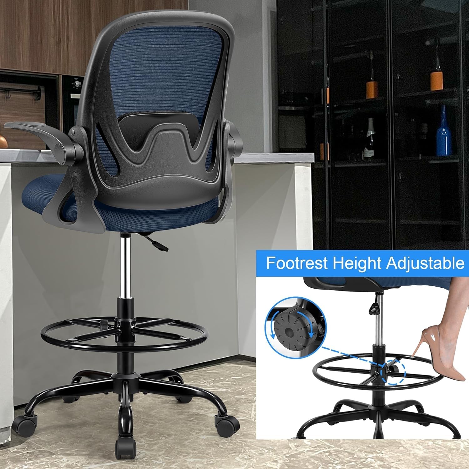 Adjustable Height Office Chair with Enhanced Back Support – Rolling Stool Style
