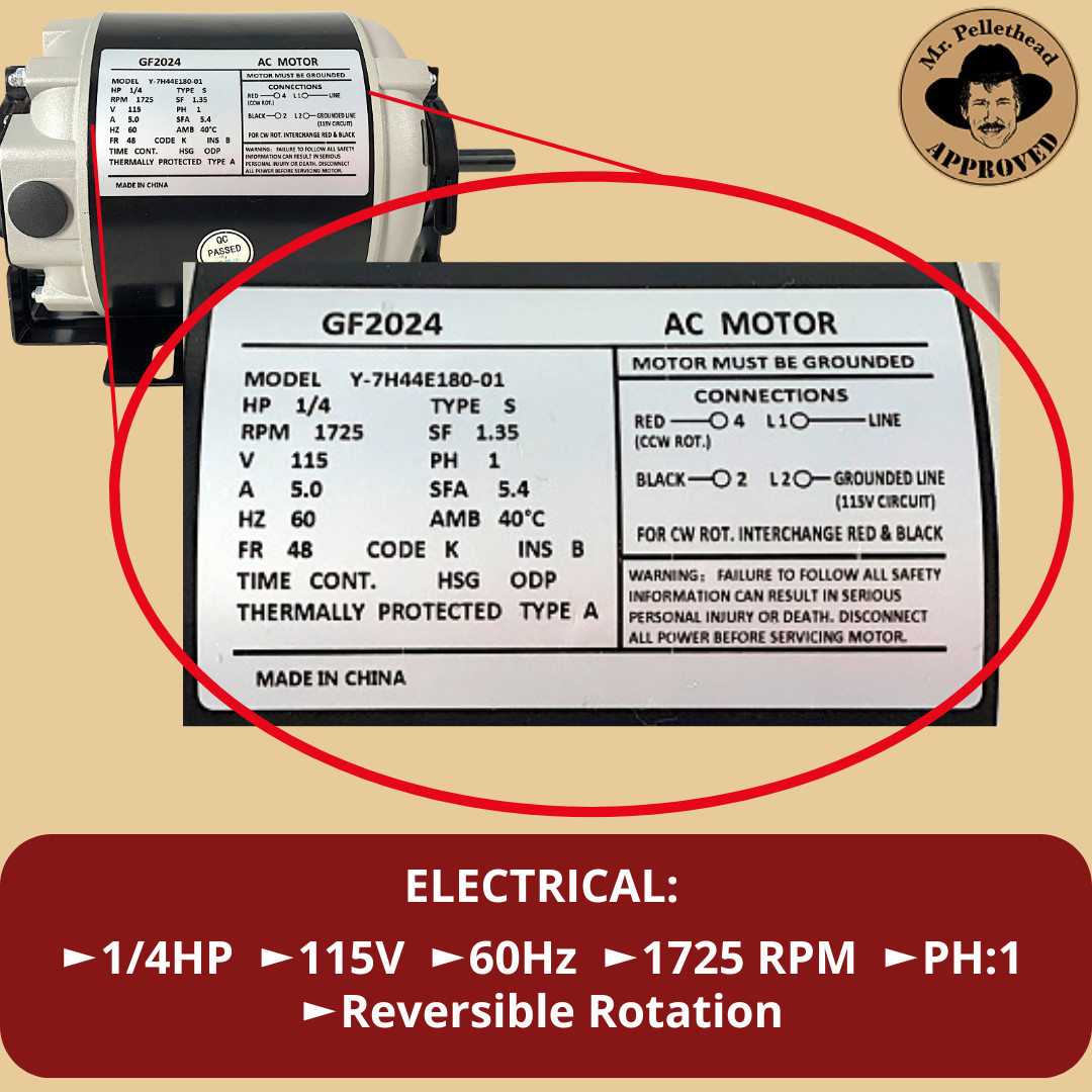 Pellethead Replacement GF2024 Split-Phase Belt Drive Motor, 115V, 1/4 HP 20609