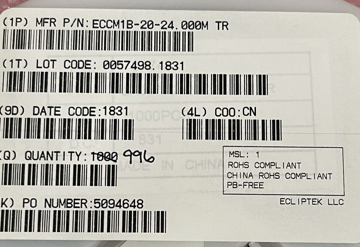 ECCM1B-20-24.000M 24Mhz QUARTZ CRYSTAL RESONATOR SMD ECLIPTEK (LOT OF 5)