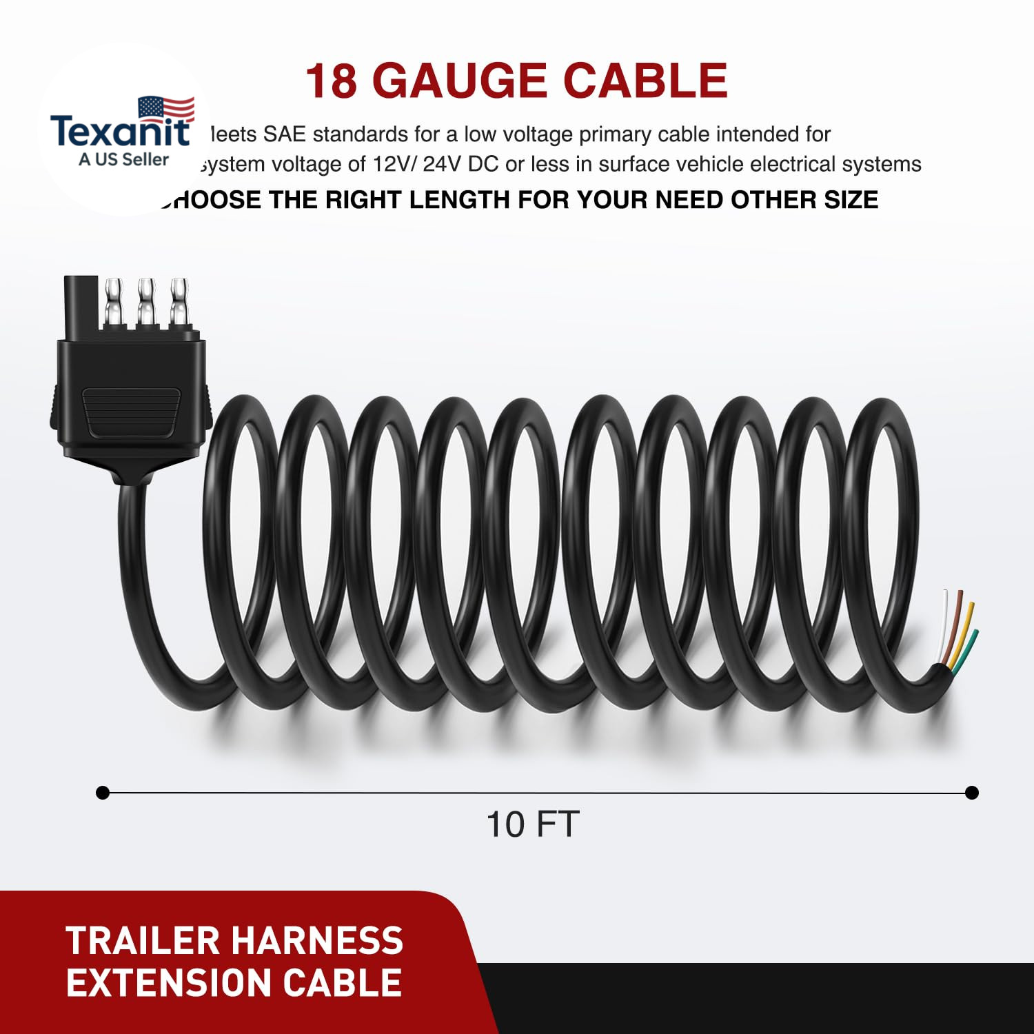 4 Way Trailer End Connector 10 Feet Jacketed Cable Heavy Duty 18AWG 4 Pin Traile